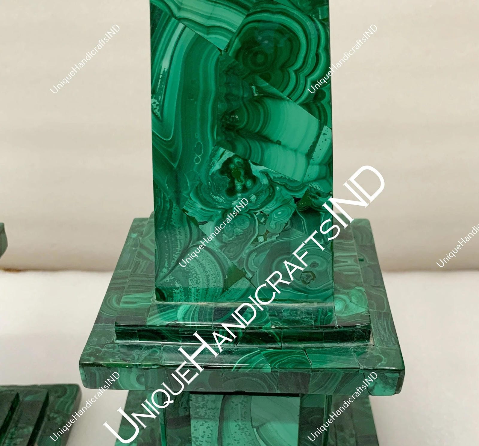 Malachite Obelisks Set Of 2 Pair / Handmade Overlay Design Art / Handmade Marble Obelisk / Showpiece Living Room Decor Unique Handicrafts IND