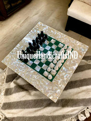 Christmas Gifts Chess board / Malachite & Mother of Pearls Stone Marble Chess Table Top / Board Game Best Gift for Man Unique Handicrafts IND