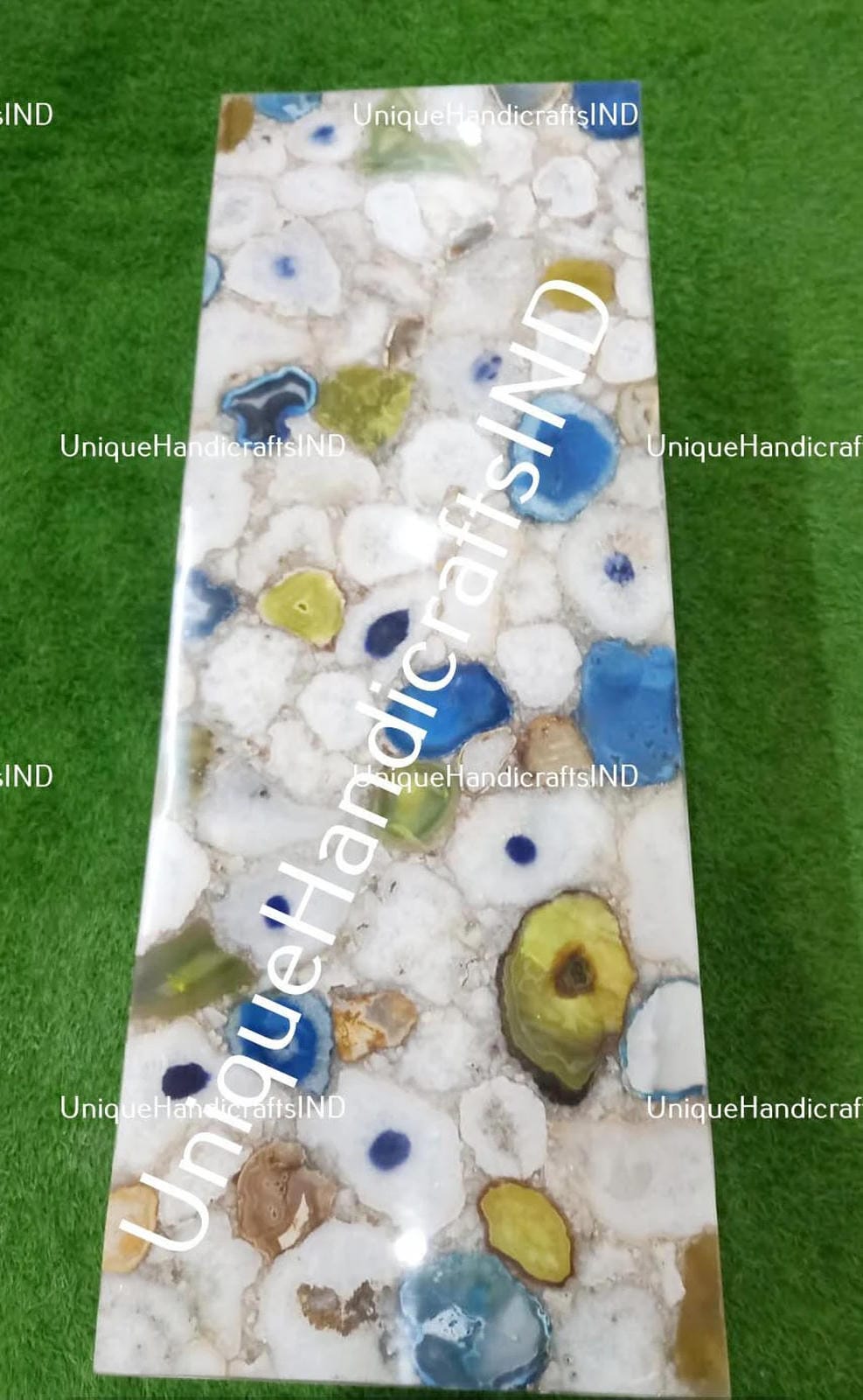 Console Table / White Quartz Stone With Blue & Yellow Agate stone/ Handmade Natural Agate Gem stones Counter Top Slab Home Decor Unique Handicrafts IND