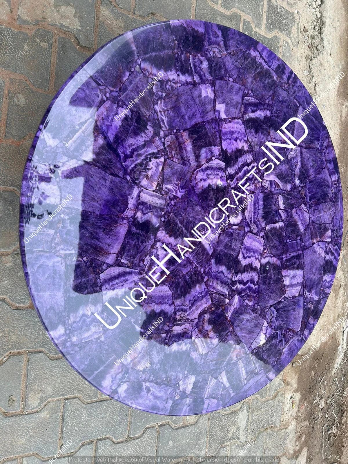 Round Stone Table Top With Amethyst Semi Precious Stone, Living Room Round Tabletop, Gemstone Table Handmade Furniture For Home Decor Unique Handicrafts IND