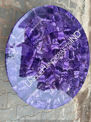 Round Stone Table Top With Amethyst Semi Precious Stone, Living Room Round Tabletop, Gemstone Table Handmade Furniture For Home Decor Unique Handicrafts IND