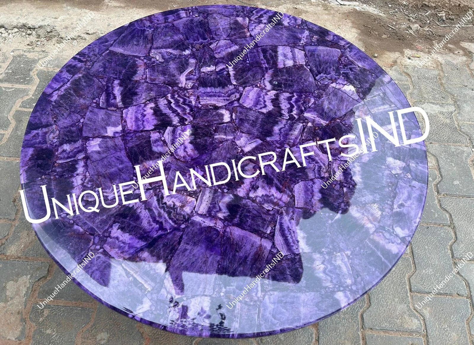 Round Stone Table Top With Amethyst Semi Precious Stone, Living Room Round Tabletop, Gemstone Table Handmade Furniture For Home Decor Unique Handicrafts IND