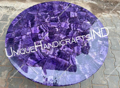 Round Stone Table Top With Amethyst Semi Precious Stone, Living Room Round Tabletop, Gemstone Table Handmade Furniture For Home Decor Unique Handicrafts IND