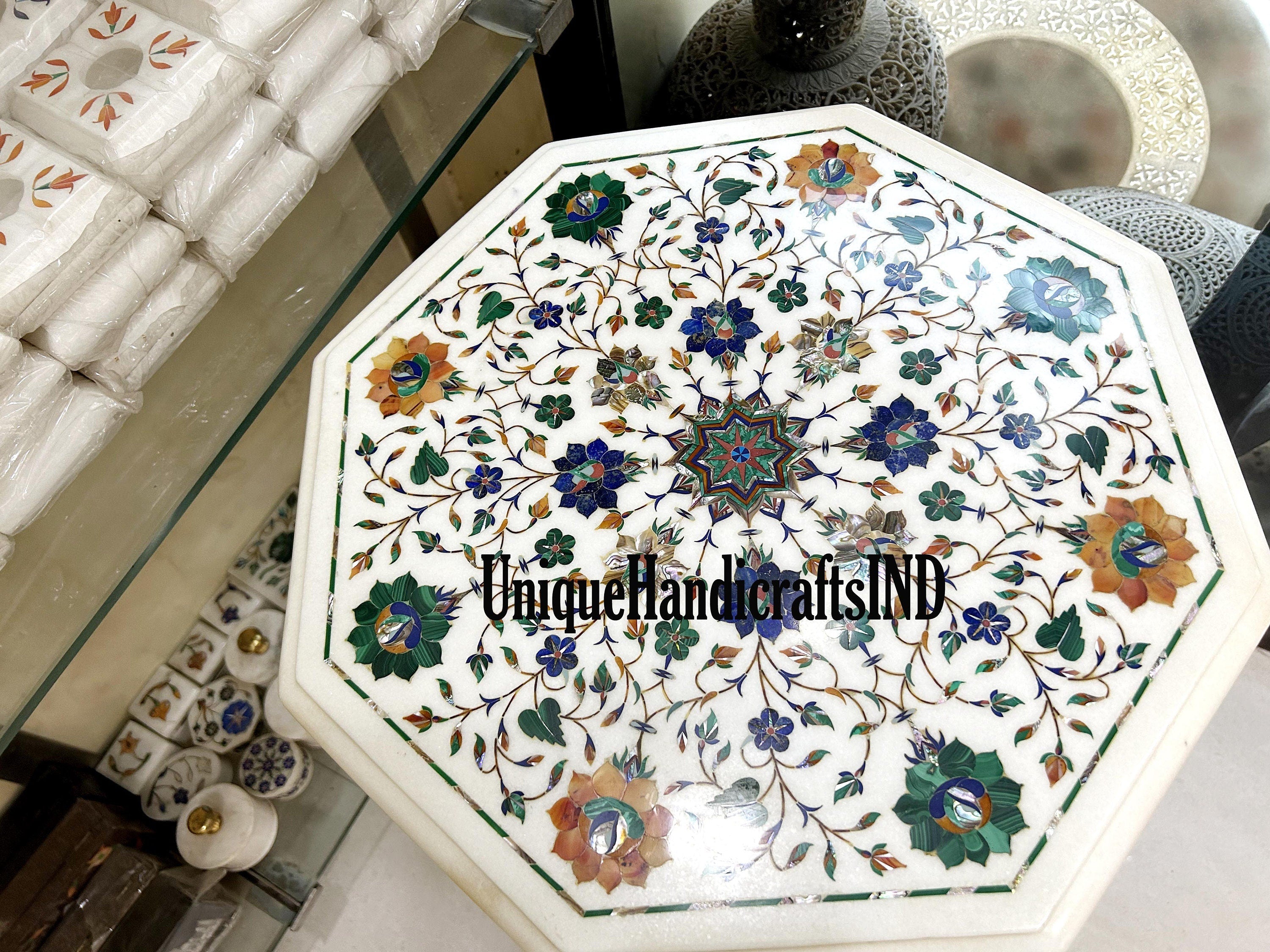 Marble Table Top Handmade Inlay with Lapis Lazuli Semi Precious Stone Marquetery Floral Fine Arts Home Decor Furniture Gift For Her wedding Unique Handicrafts IND