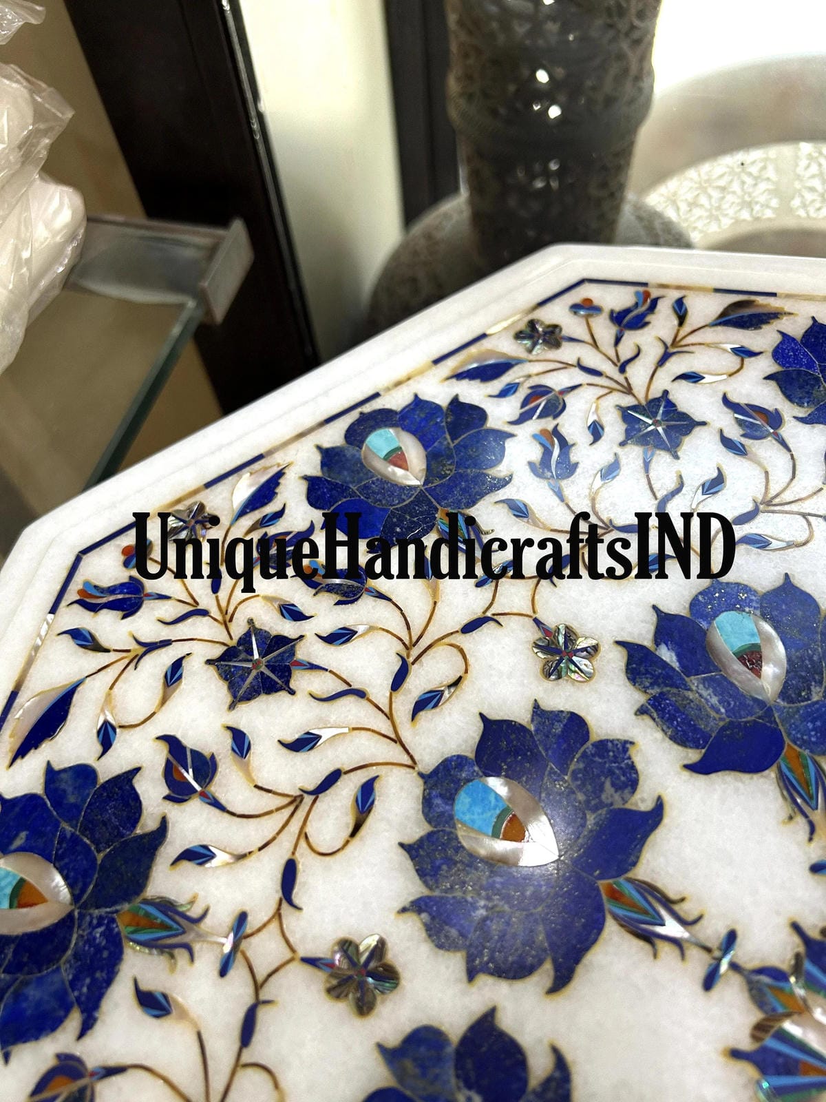 Marble Side Table Lapis Lazuli Inlay Stone Handmade Pietra Dura Art Home Decor Furniture Unique Handicrafts IND