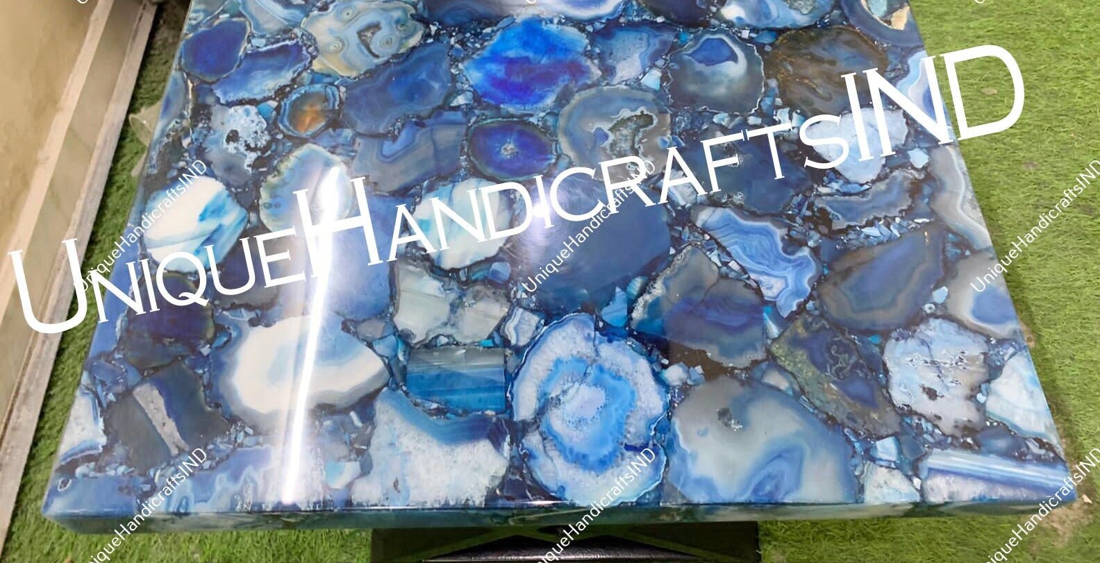 Stone Coffee Table With Natural Blue Agate Mosaic Gemstone Arts Square Handmade Garden Furniture Gifts For Her Wedding Unique Handicrafts IND