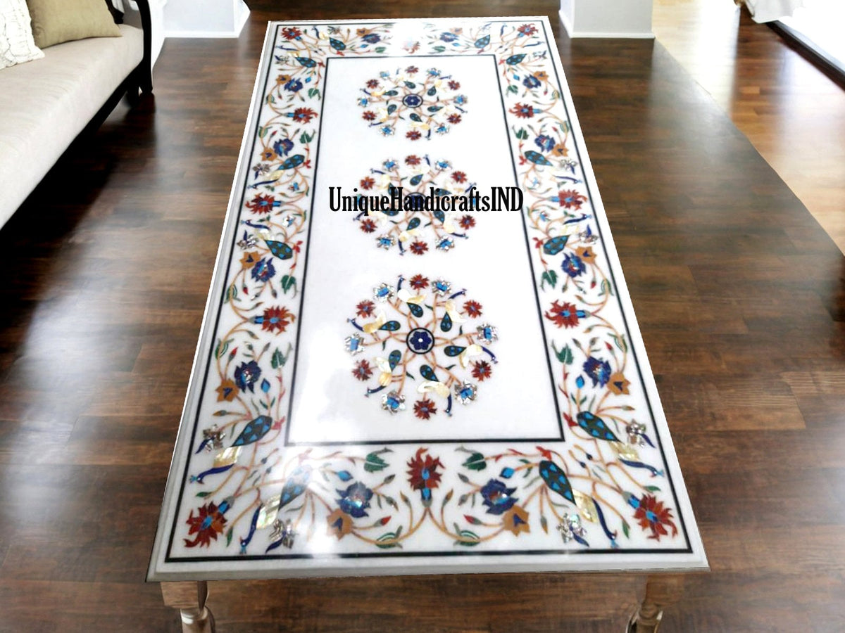 Marble Dining Table Top Semi Precious Stone Inlay Floral Work Handmade Pietra Dura Art Handmade Living Room Decor Furniture Unique Handicrafts IND