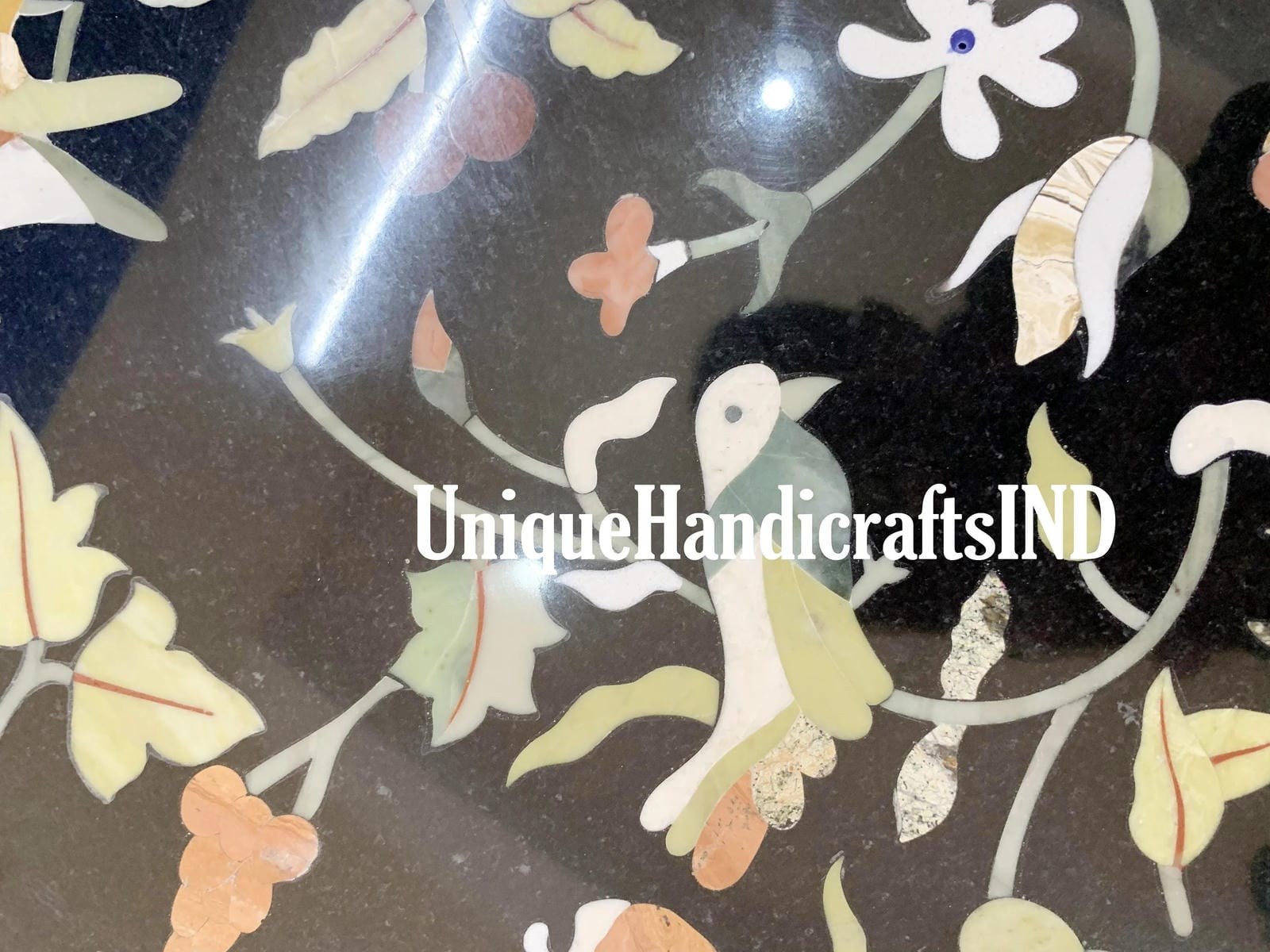 Black Marble Coffee Table Top with Semi Precious Stone Inlay, Floral Art Marquetry for Home & Hallway Decor, Table Top in Peitra Dura Art Unique Handicrafts IND
