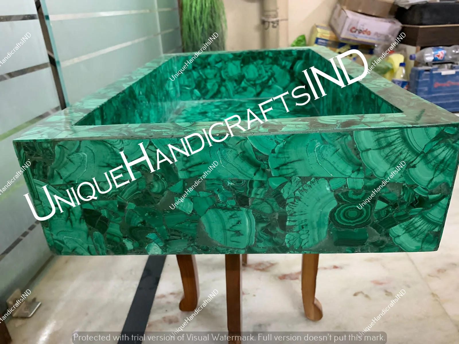 Malachite Bathroom Sink Inlay Stone Art / Stones Counter Top Vanity Sink / Rectangle Wash Basin Kitchen & bathroom Sink Unique Handicrafts IND