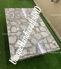 Stone Coffee table With White Salt Agate Stone Arts. Kitchen and dining table Handmade Farmhouse Dining Table Kitchen Countertops Slabs Unique Handicrafts IND