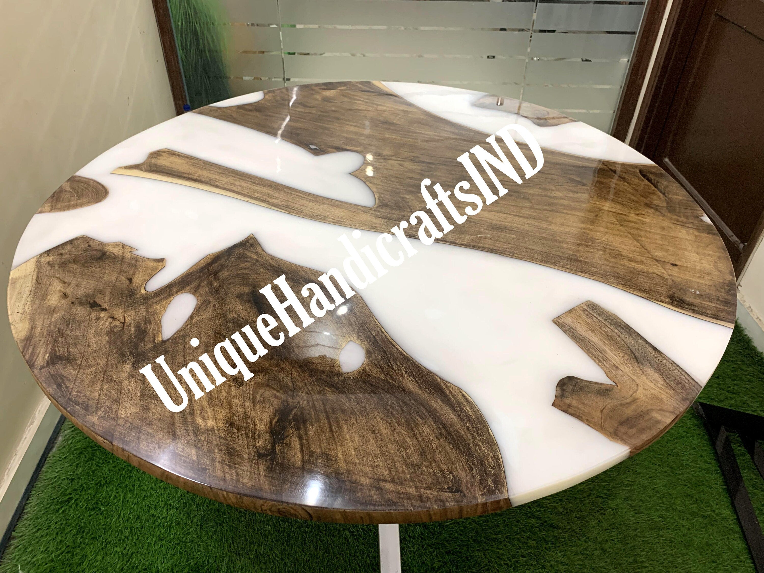 Epoxy Round Table top, Coffee /Side Sofa, center table top , Wood Table ,Custom Order, White Epoxy Resin River Table, round Wood Unique Handicrafts IND