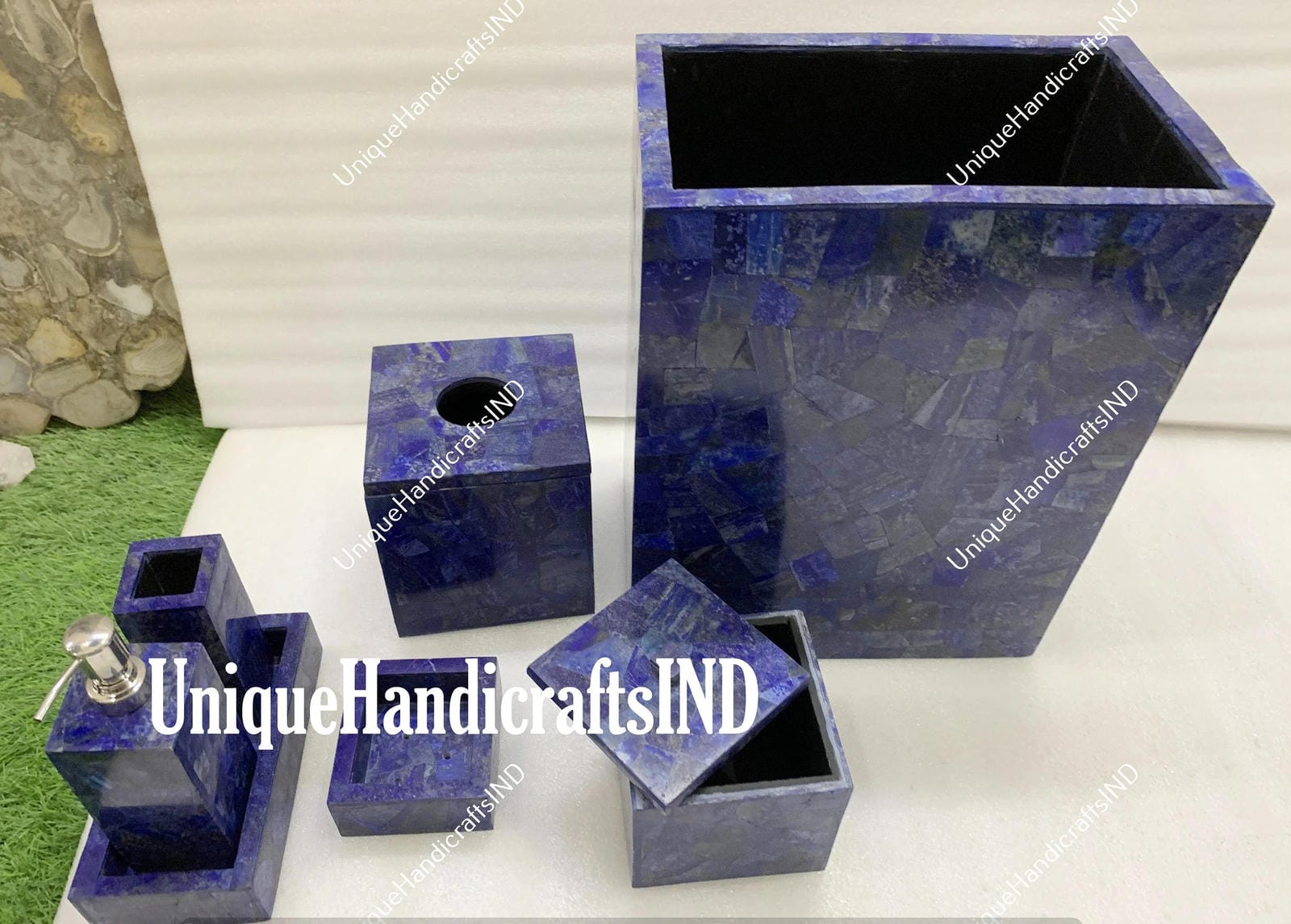 Lapis Lazuli Stone Bathroom Set - 7 Pieces Luxury Bathroom Accessories Unique Handicrafts IND