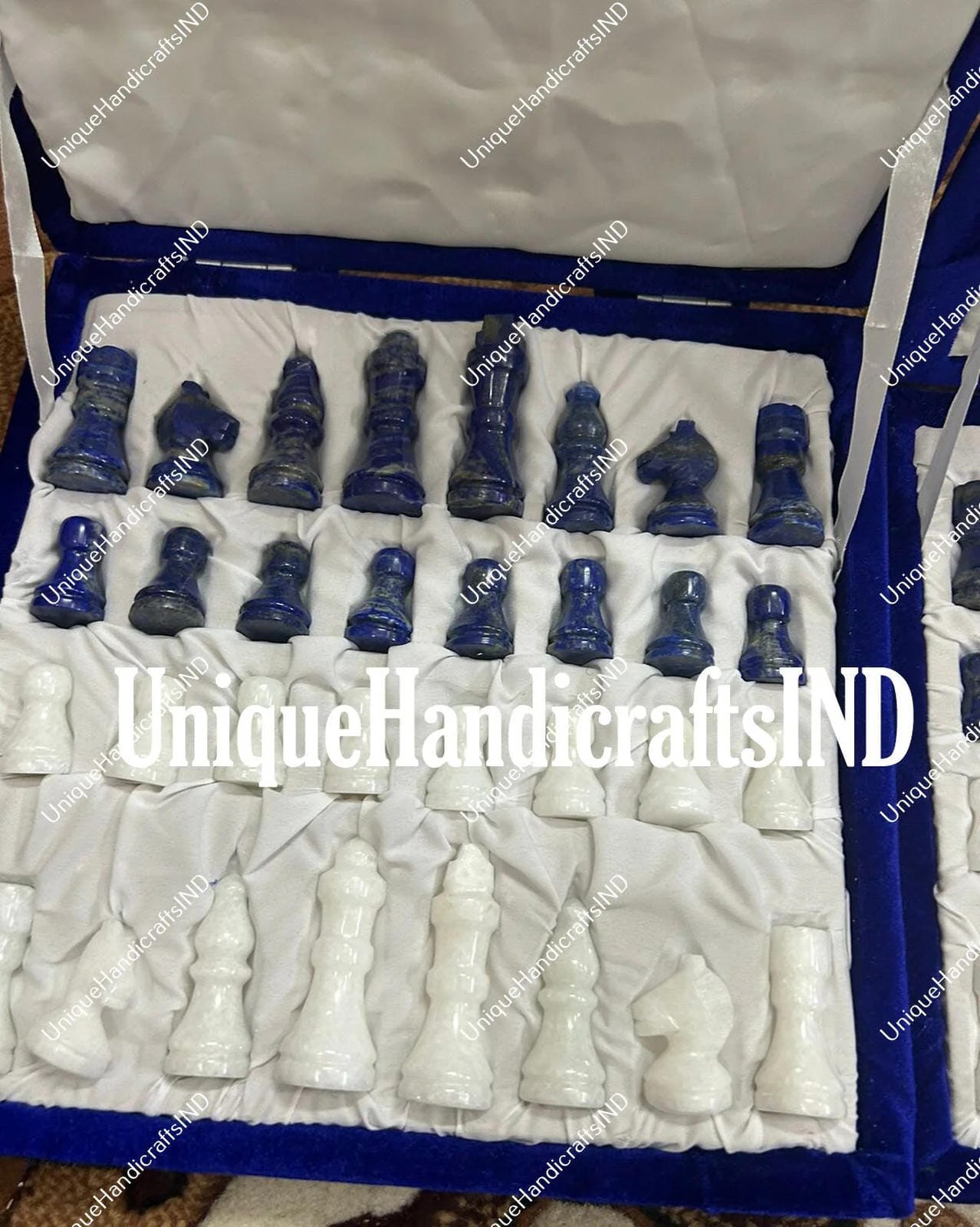Christmas Gifts Marble chess board game hand craft lapis inlay stone decoration piece, modern art, office interior, minimalist craft gift Unique Handicrafts IND