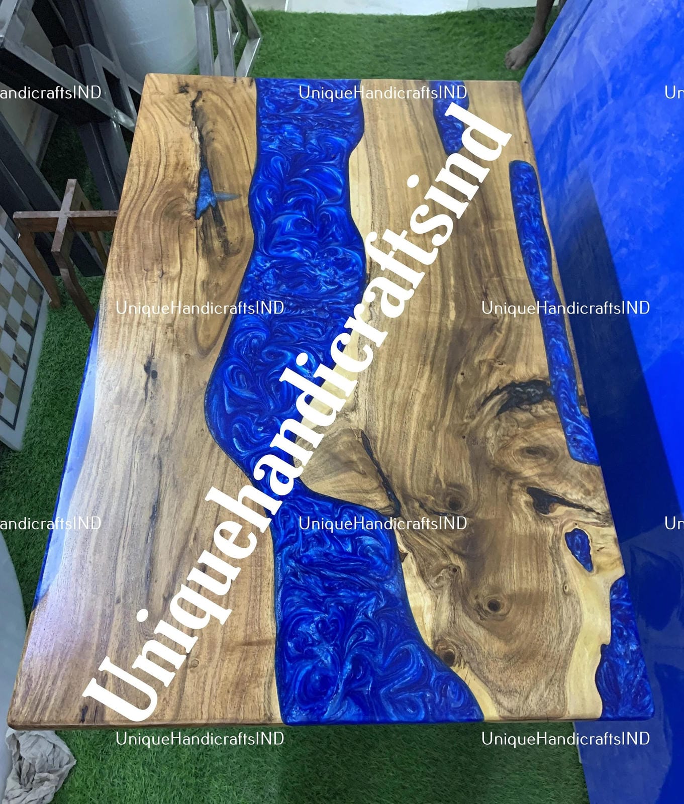 Blue Epoxy Coffee Table Top, River Table, Live edge dining, Epoxy Dining Table, Epoxy Table, Epoxy River Table, Dining Room Table Unique Handicrafts IND