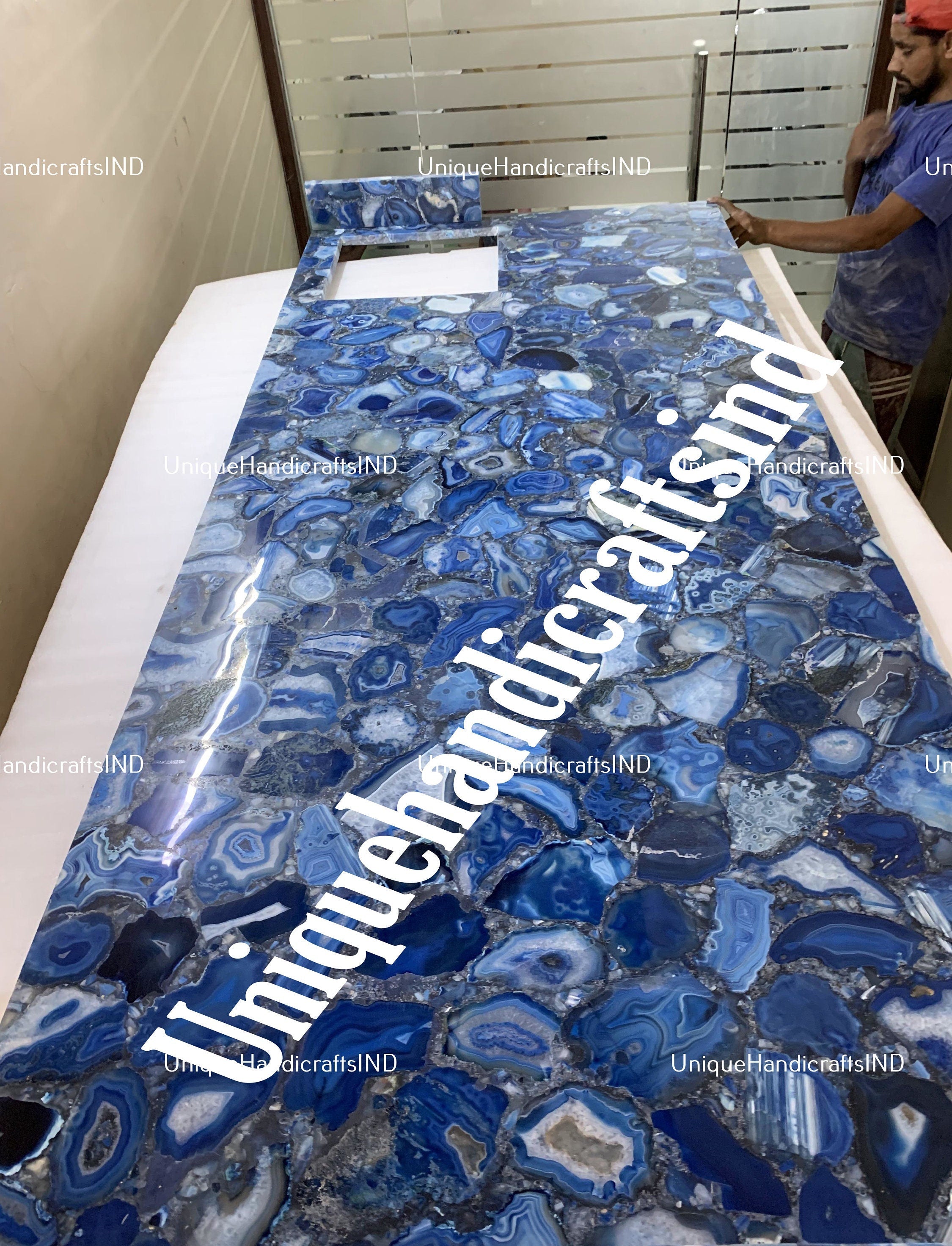 Blue Agate Table Top, Blue Agate Dining Table, Blue Agate Dining Table tops, Agate Countertop, Agate Kitchen Top Agate Conference Table Unique Handicrafts IND