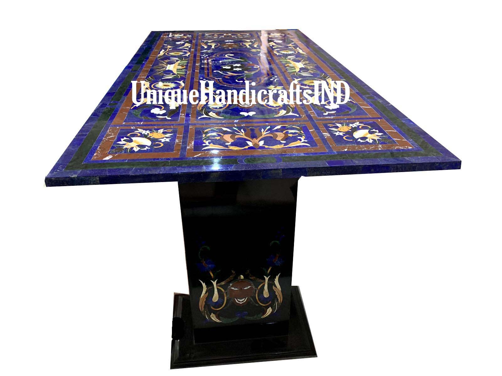 Blue Lapis Lazuli Table Top With Marble & Semi Precious Pietradura Floral Arts Hallway Decor Furniture Gift Her Wedding Unique Handicrafts IND