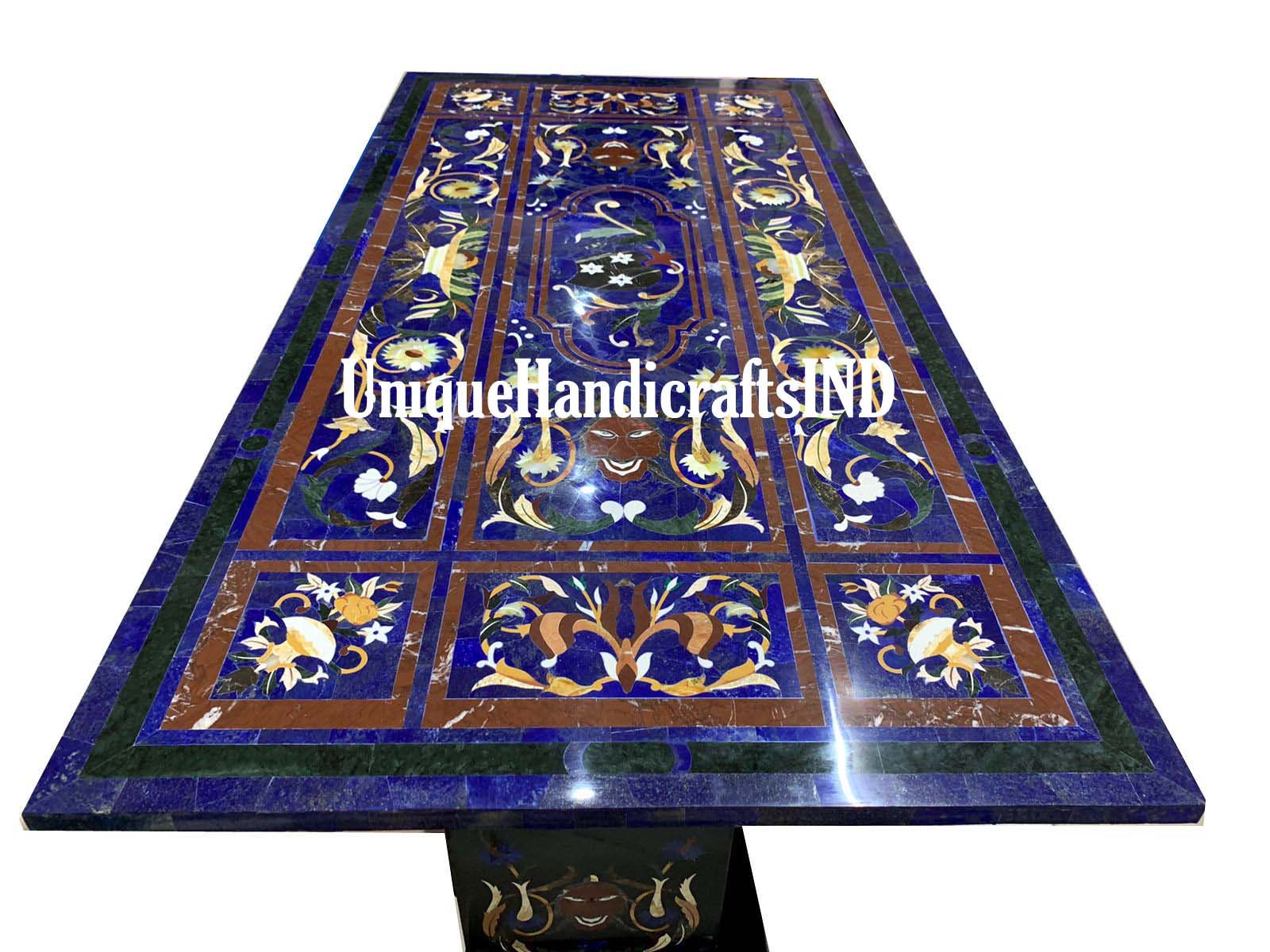 Blue Lapis Lazuli Table Top With Marble & Semi Precious Pietradura Floral Arts Hallway Decor Furniture Gift Her Wedding Unique Handicrafts IND