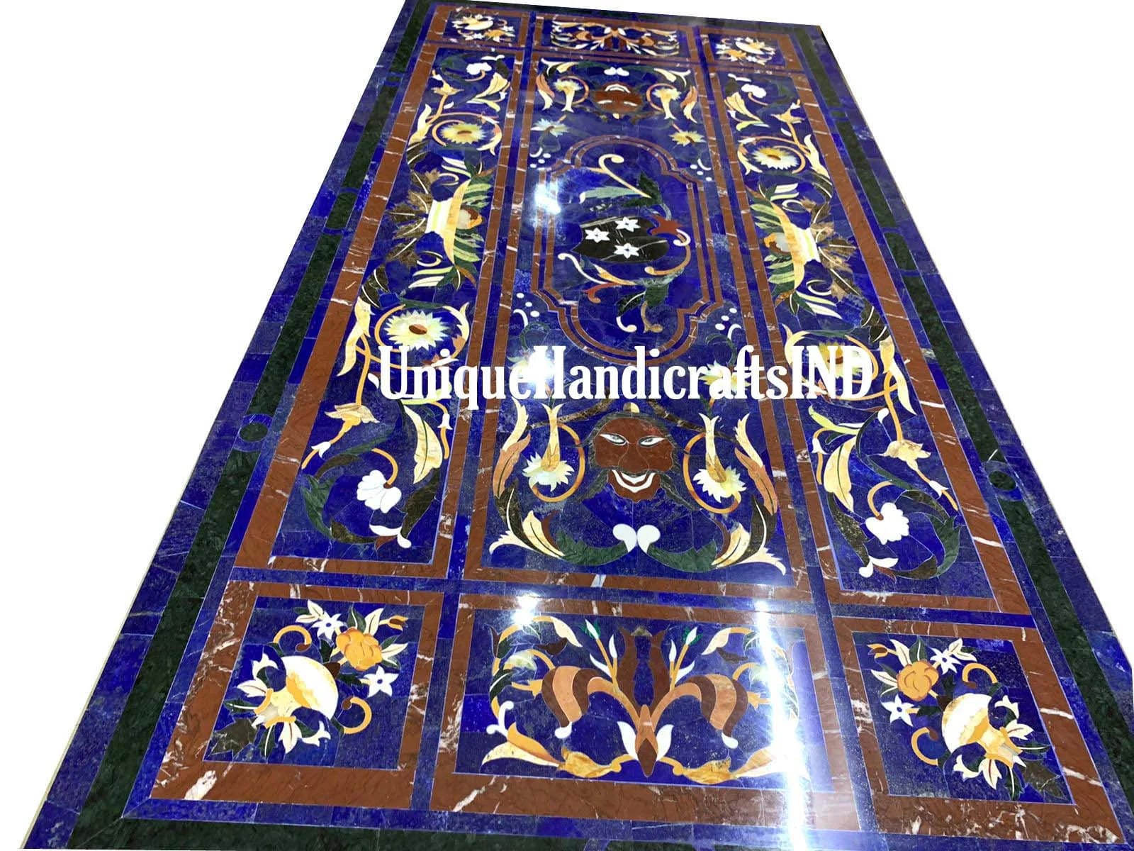 Blue Lapis Lazuli Table Top With Marble & Semi Precious Pietradura Floral Arts Hallway Decor Furniture Gift Her Wedding Unique Handicrafts IND