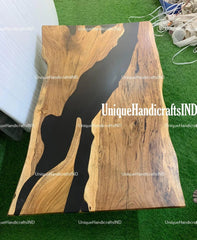 Live Edge Table, Black Epoxy Resin Table, Kitchen Table, Walnut Slab, Live Edge Dining Table Handmade Epoxy Countertops Furniture Unique Handicrafts IND