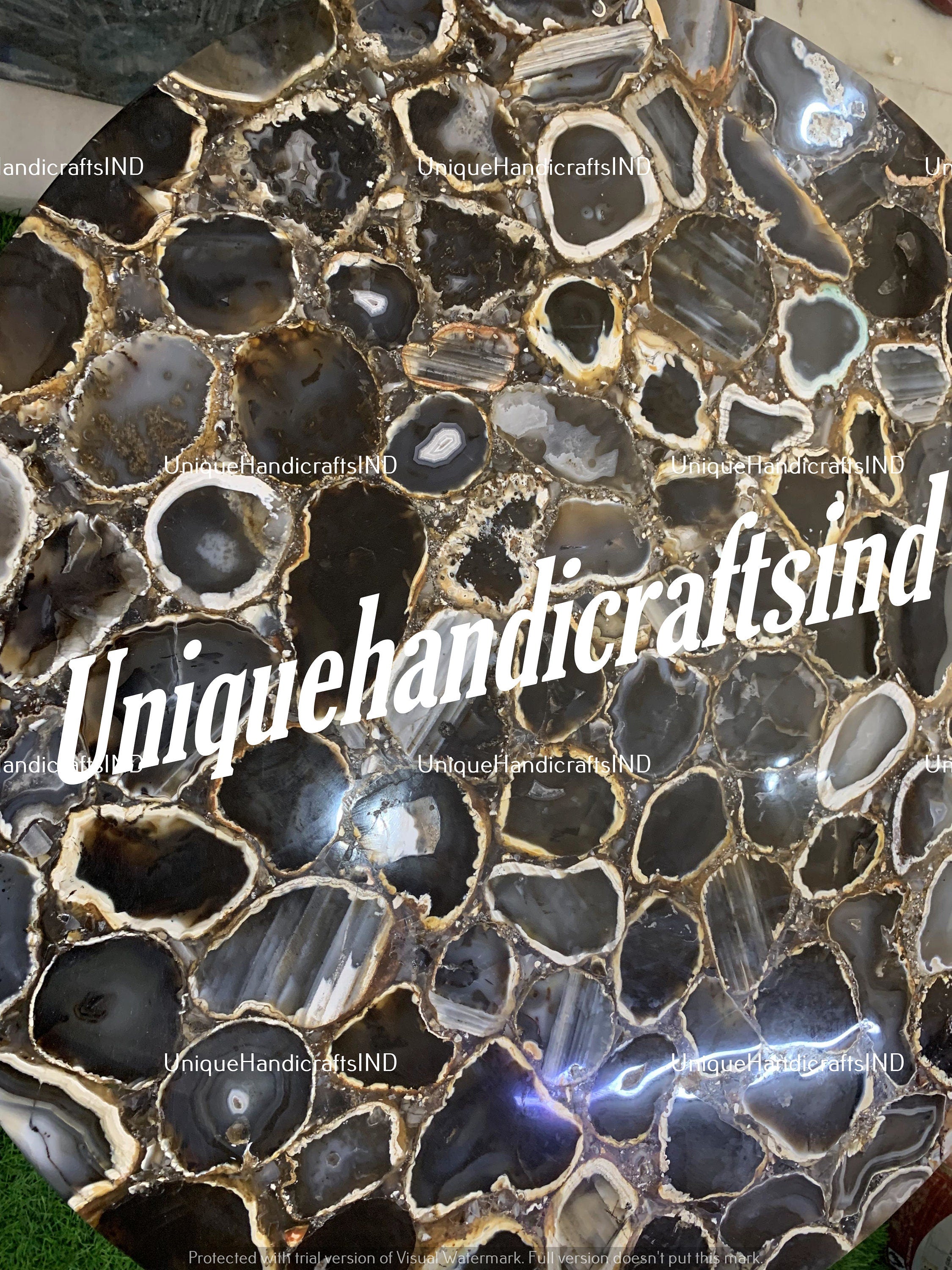 Natural Agate Stone Table Top – Black & Gold Agate Coffee Table, Crystal Side Table, Elegant Stone Countertop for Home Decor Unique Handicrafts IND