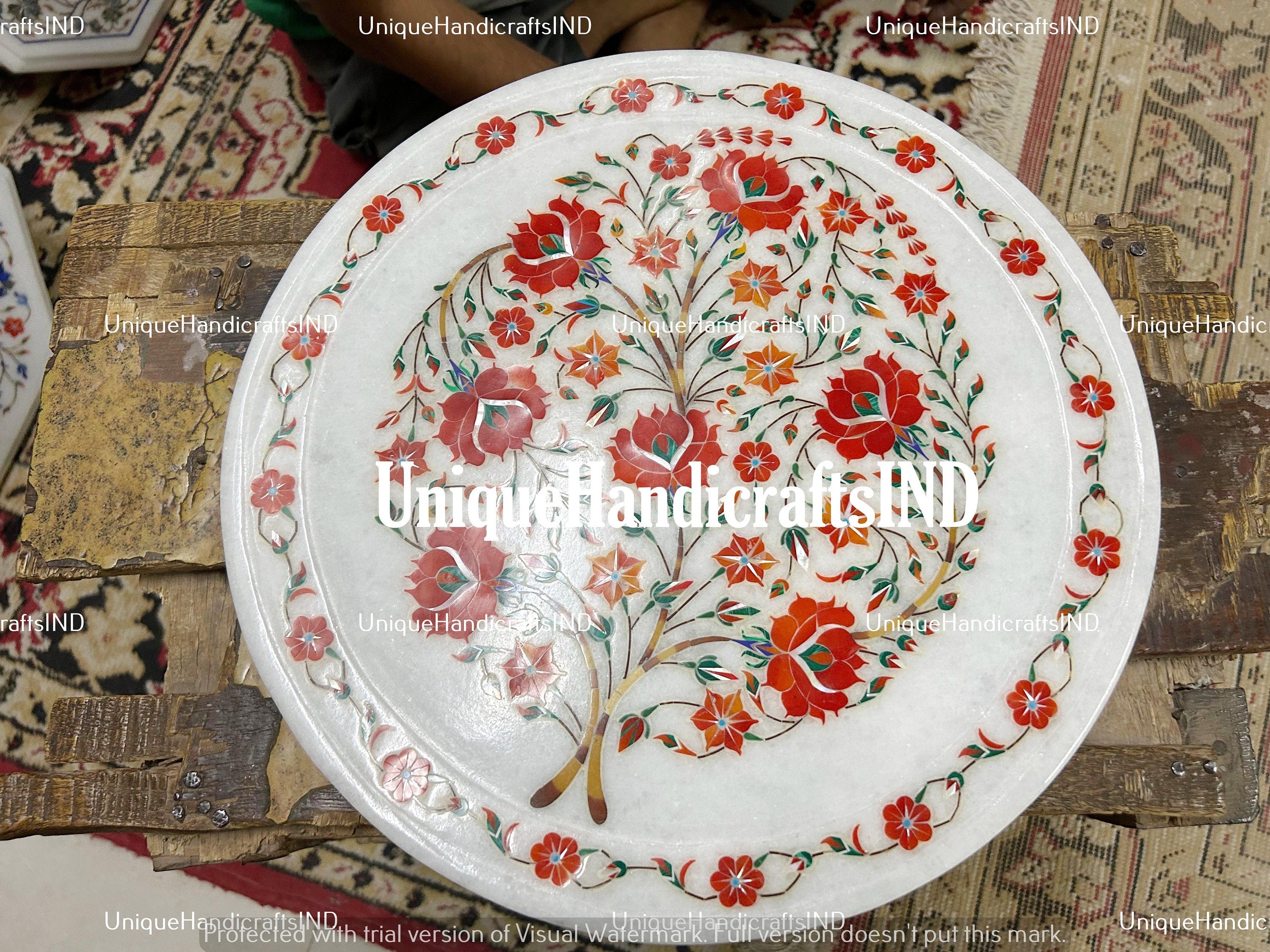 Marble Side Table Top Semi Precious Stone Carnelian Inlay Handmade Pietra Dura Art Home Decor Unique Handicrafts IND