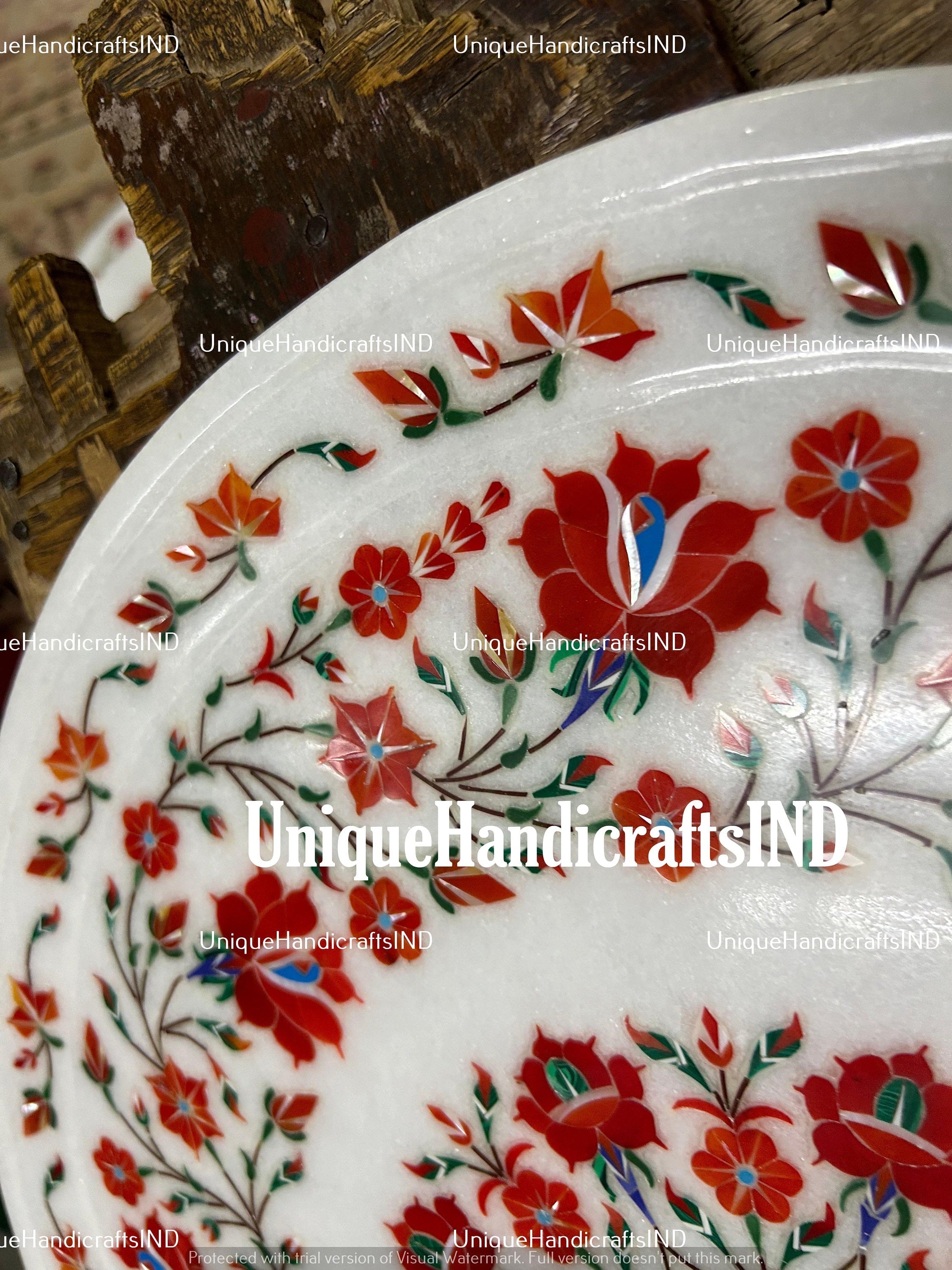 White Marble Inlay Coffee Table Top Carnelian Marquetry Floral Fine Arts Home decor Gifts Unique Handicrafts IND