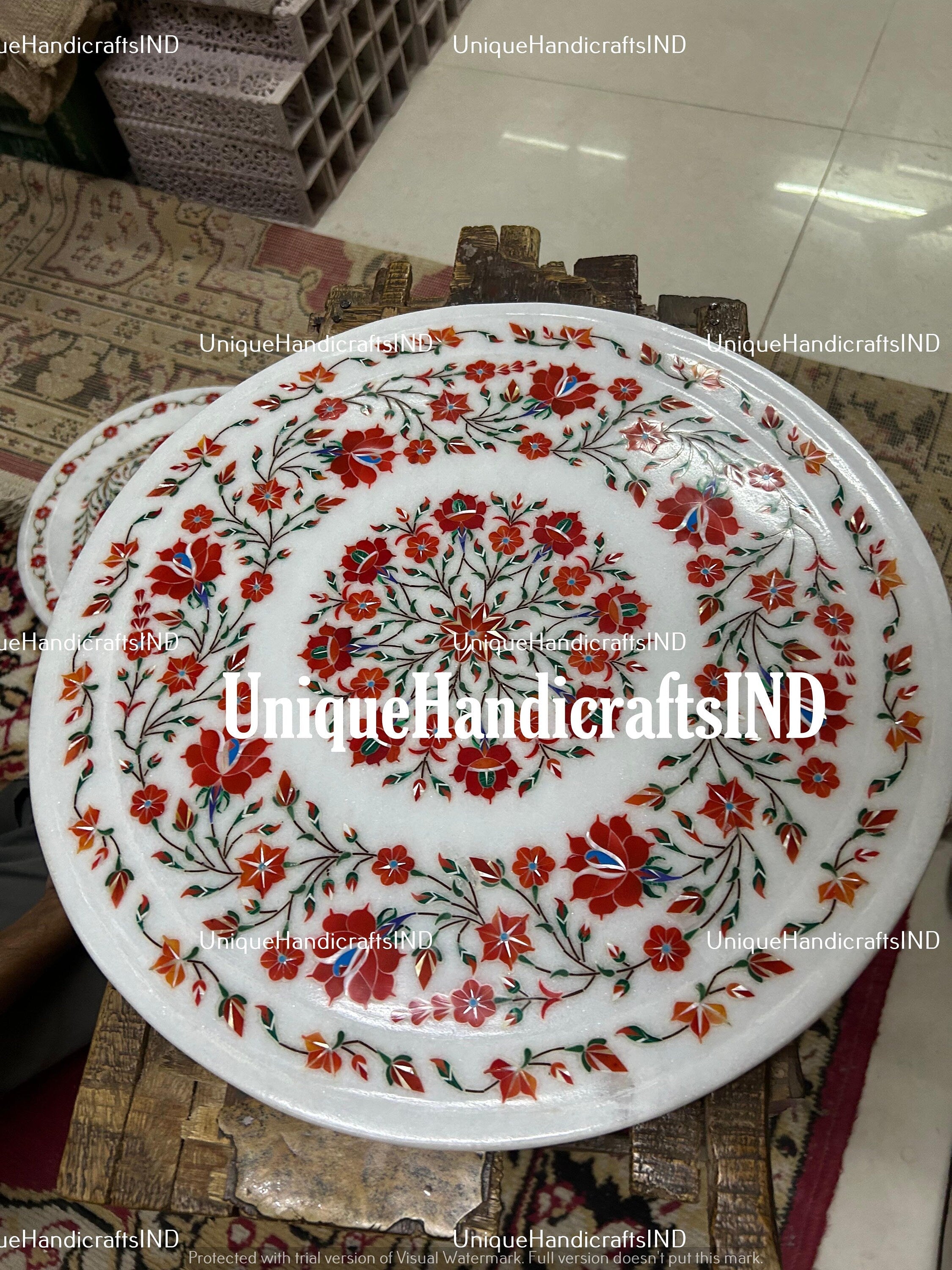 White Marble Inlay Coffee Table Top Carnelian Marquetry Floral Fine Arts Home decor Gifts Unique Handicrafts IND