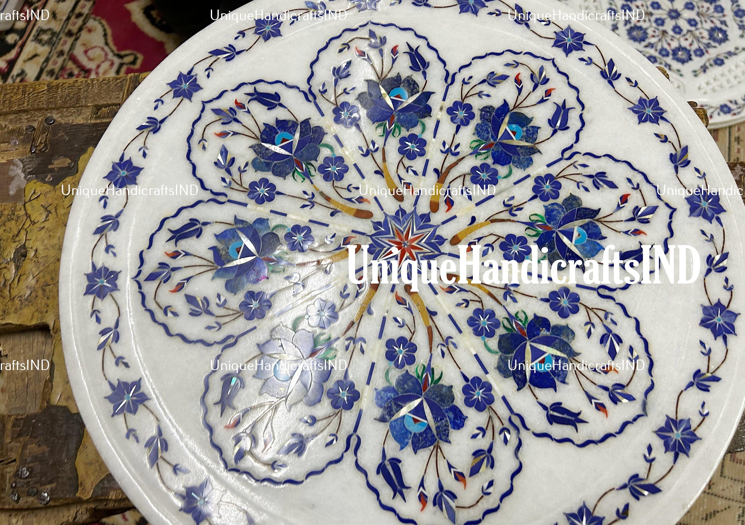 Side Table Top White Marble Handmade Vintage Inlay Lapis Stone Floral Art Unique Furniture From India Unique Handicrafts IND