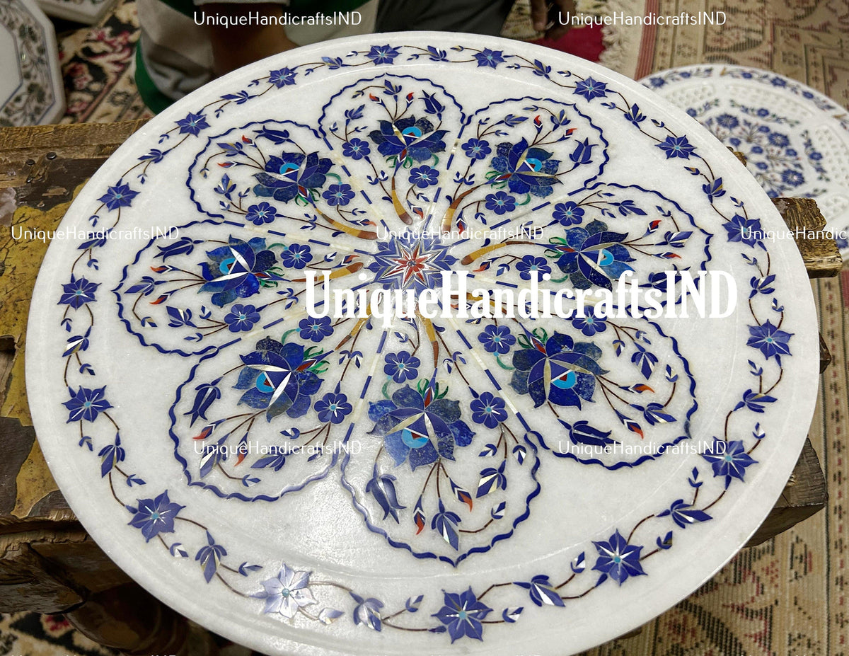 Side Table Top White Marble Handmade Vintage Inlay Lapis Stone Floral Art Unique Furniture From India Unique Handicrafts IND