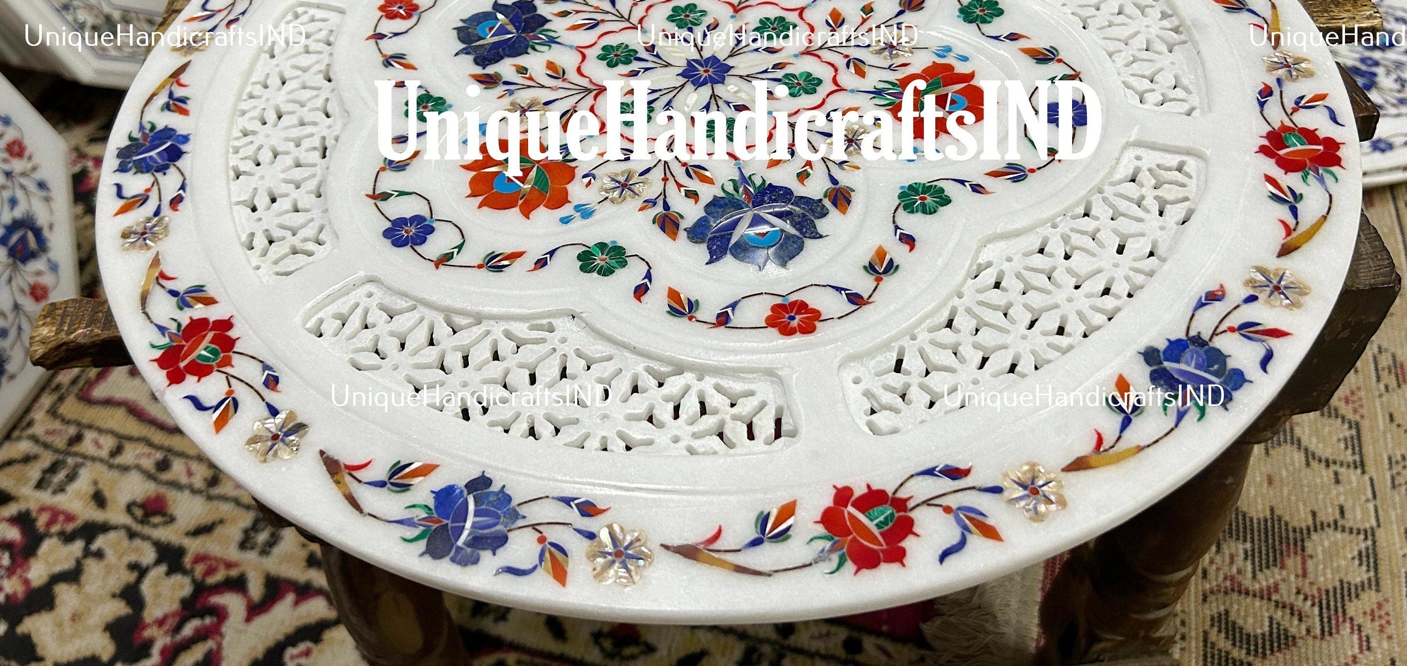 Round Coffee Table / Marble Inlay Breakfast Table / Filigree Arts Semi Precious Inlay Floral Arts Home Decor Table Unique Handicrafts IND