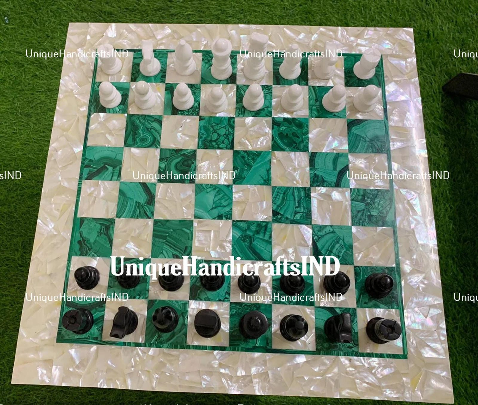 Christmas Gifts Chess And Draughts Set With Malachite & Mother of Pearls Stone Mosaic Arts/ Marble Chess Pieces Father's Day Gift Unique Handicrafts IND