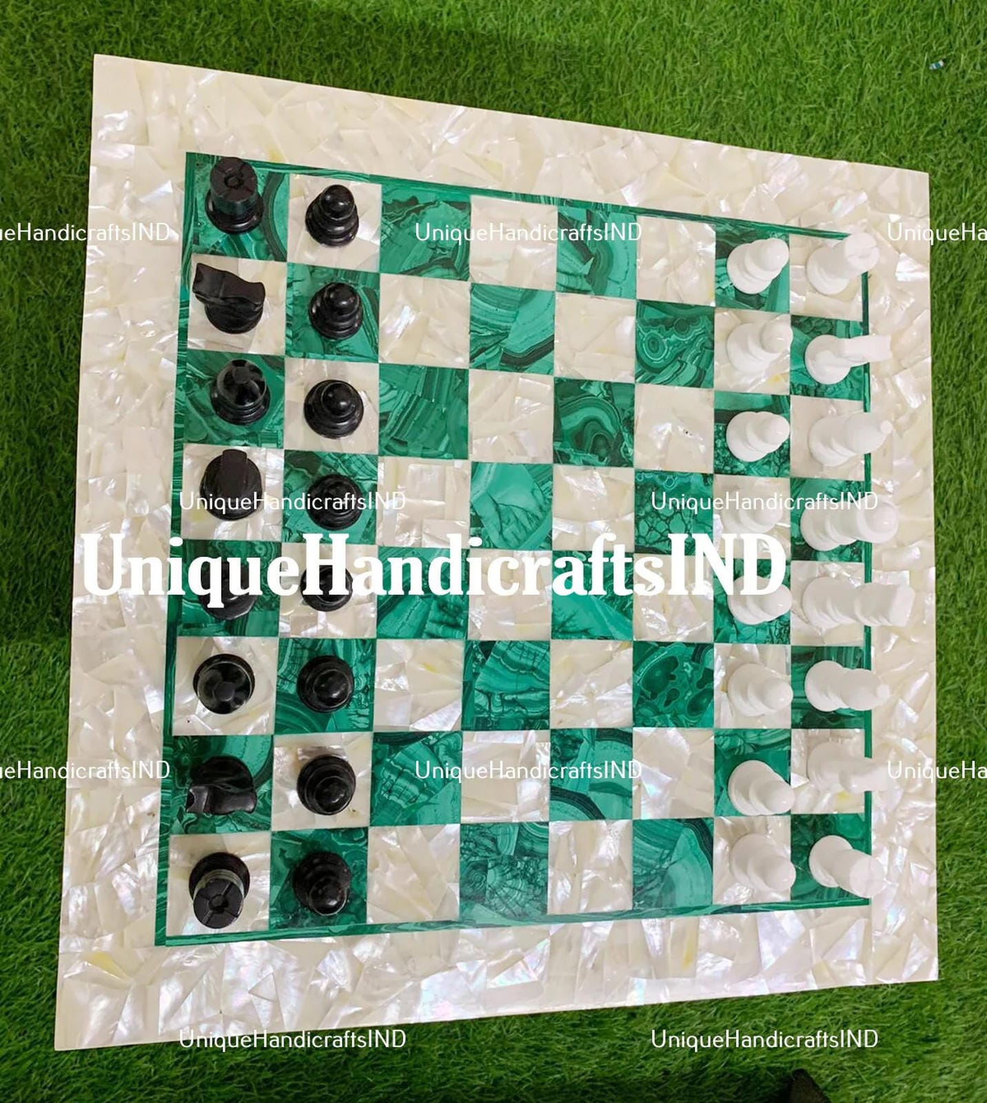 Christmas Gifts Chess And Draughts Set With Malachite & Mother of Pearls Stone Mosaic Arts/ Marble Chess Pieces Father's Day Gift Unique Handicrafts IND