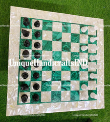 Christmas Gifts Chess And Draughts Set With Malachite & Mother of Pearls Stone Mosaic Arts/ Marble Chess Pieces Father's Day Gift Unique Handicrafts IND