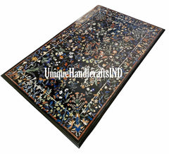 Black Marble Table With Semi precious Inlay Stone Birds Floral Art / Kitchen Dining Center Table Top / Inlay Beautiful Art Interior Decor Unique Handicrafts IND