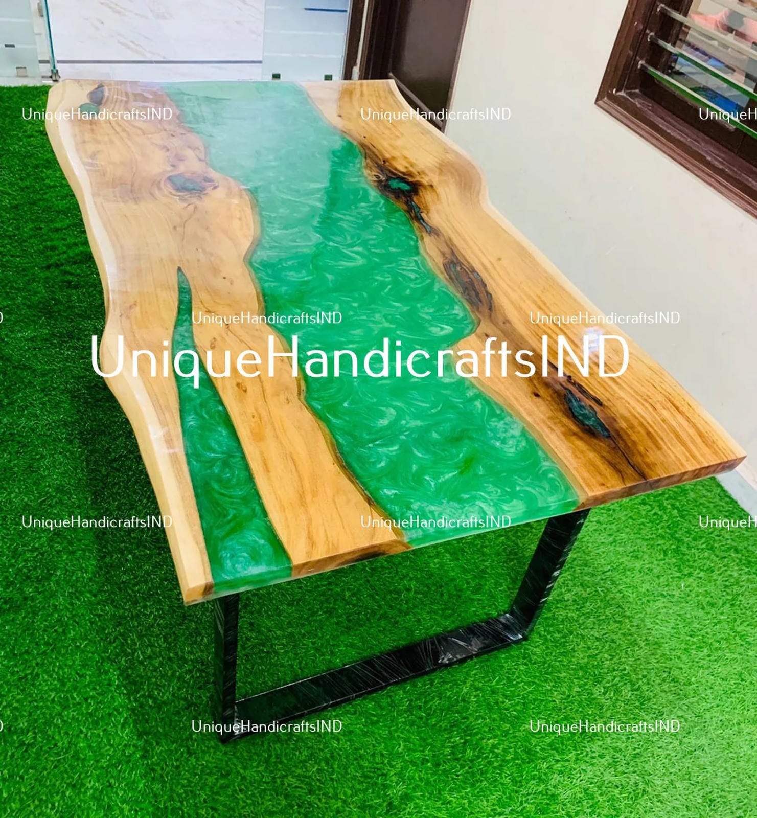 Epoxy Coffee Table With Green Resin River Natural Wood Handmade Furniture Coffee, Dining Table For Indoor and Outdoor Decor Unique Handicrafts IND