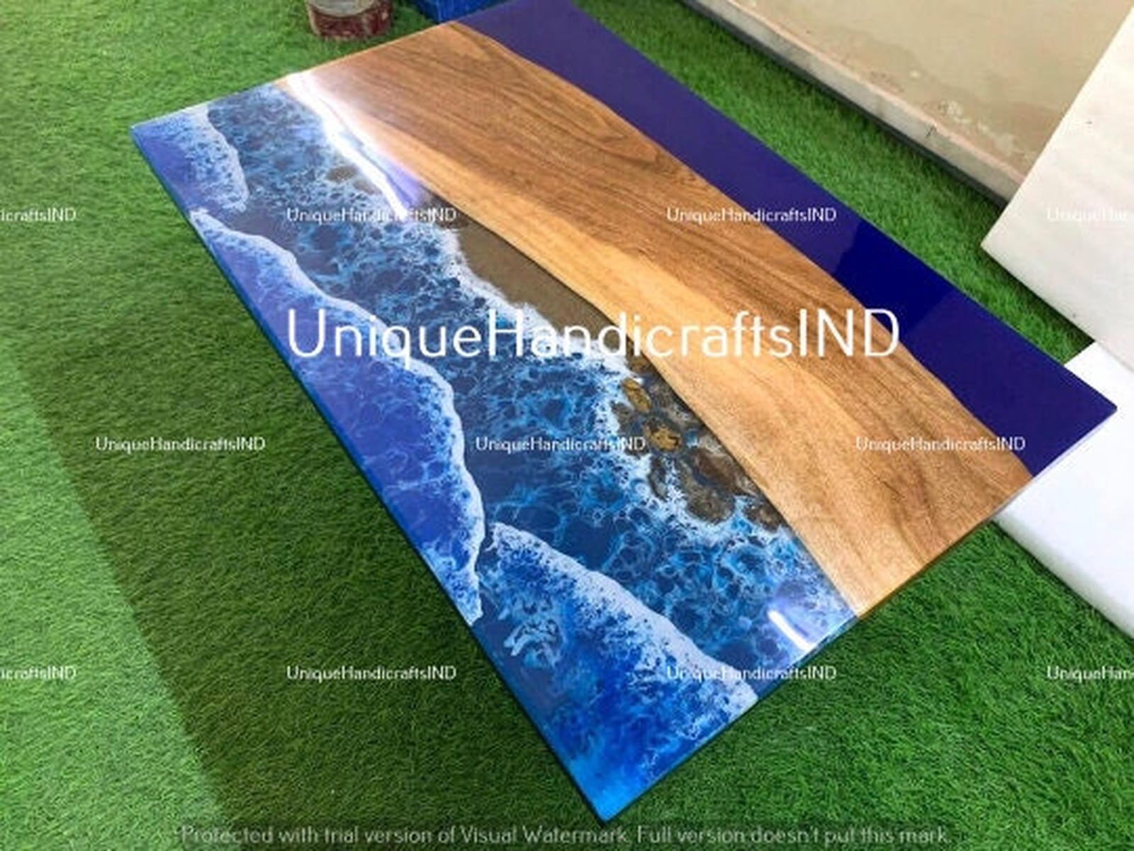 Ocean Wave Epoxy Resin Top Center Sofa Dining Table, Kitchen Slab Table, Custom Made Epoxy Resin Table, Natural Wood 24x48, 36x60 inch Decor Unique Handicrafts IND