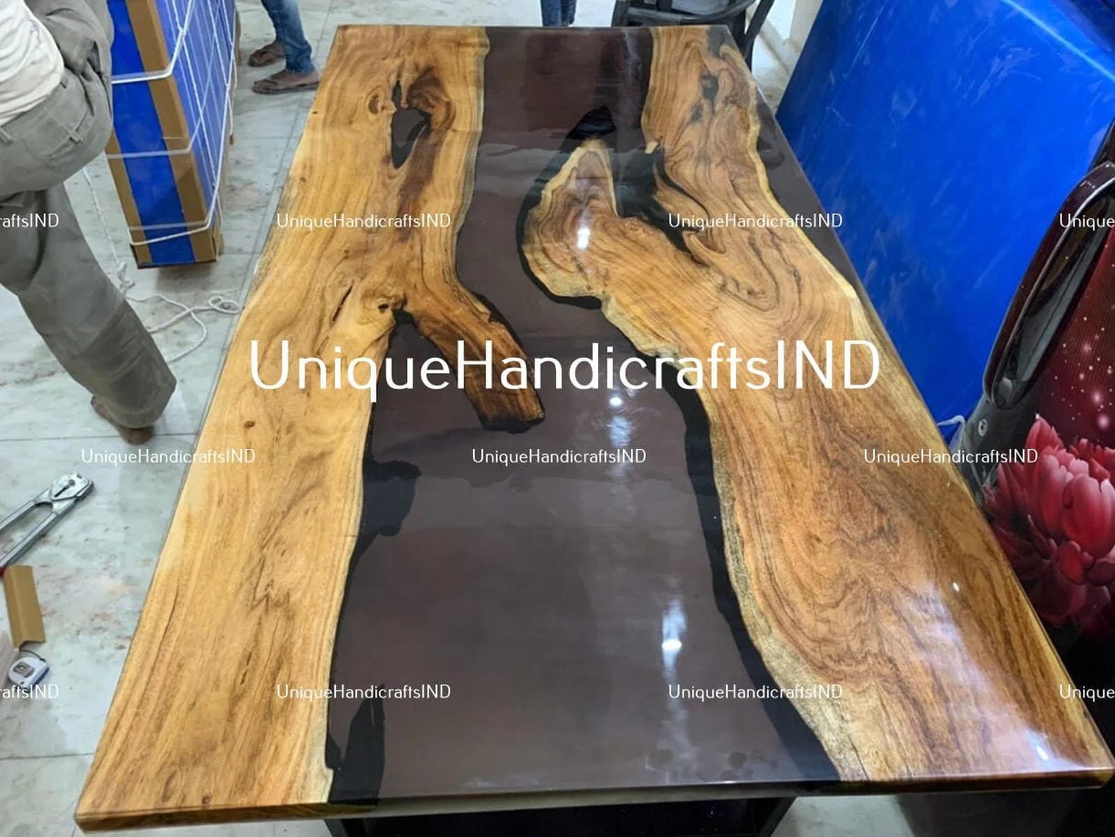 Epoxy Dining Table With Black Tint Resin Arts / Epoxy Table Top Handmade Resin River Table for Farmhouse and Kitchen Countertop Decor Unique Handicrafts IND