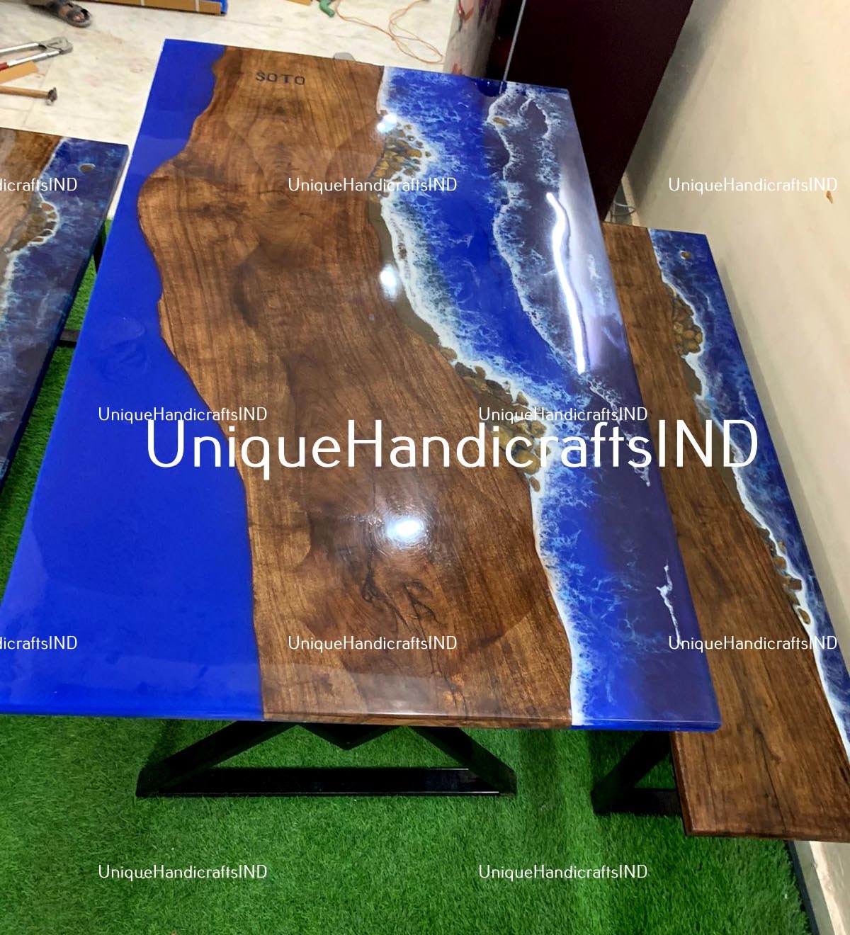 Epoxy Resin Dinner Table, Natural Acacia Wood Table,Ocean Waves Resin Table with Iron Stand, Made To Order, Console Sofa, River Coffee Table Unique Handicrafts IND