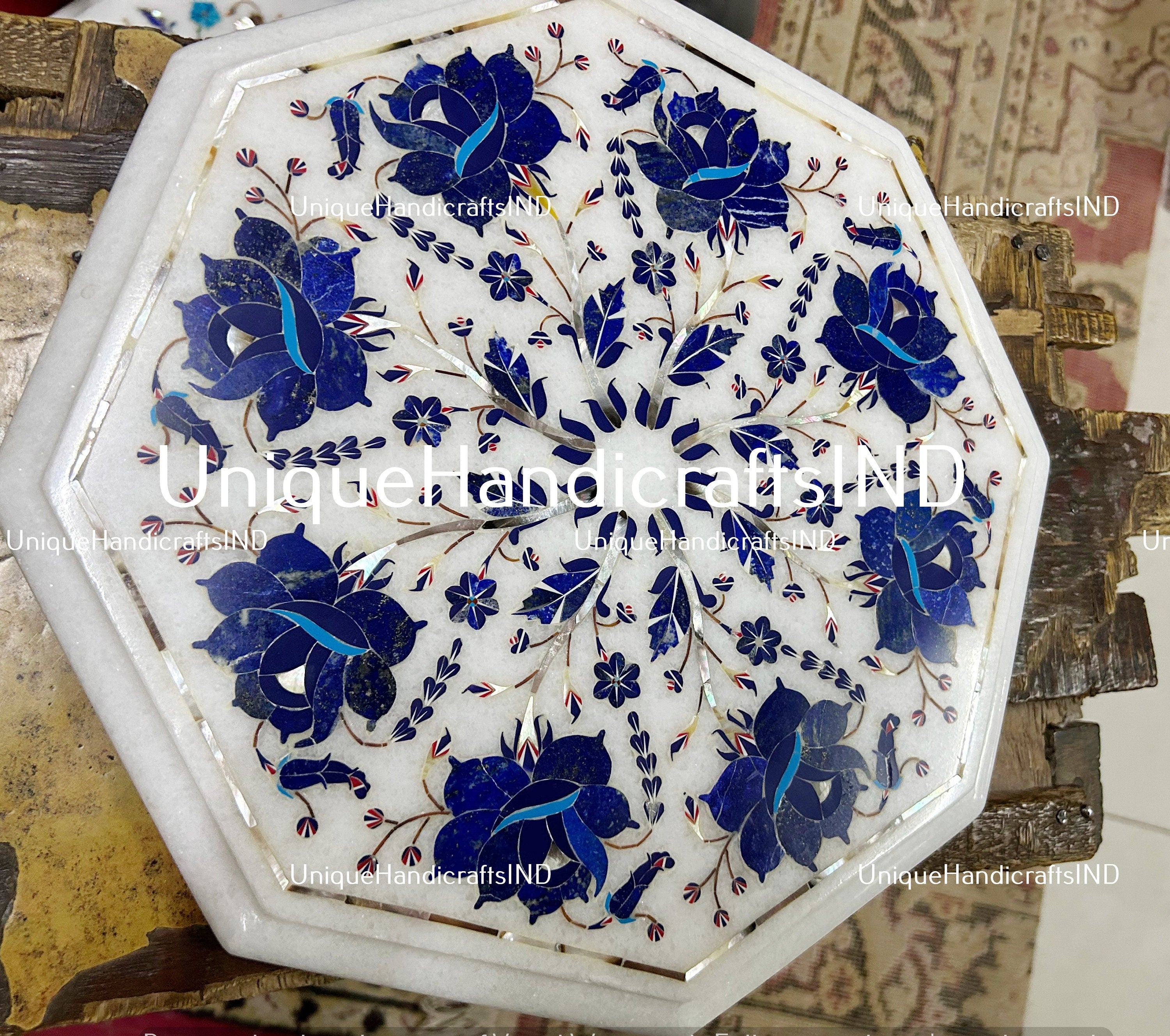 Marble Side Table Top Semi Precious stones floral inlay Pietra Dura work Home Room Decor Unique Handicrafts IND