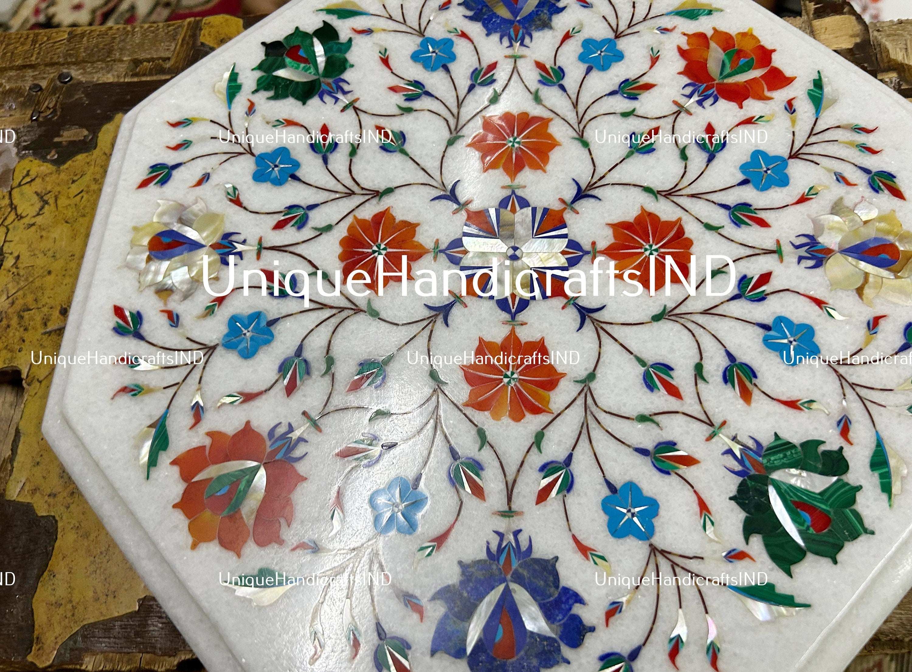 Marble Coffee Table Top / Inlay Work Coffee Table Top / Octagon Shape White Marble Sofa Center Table Semi precious Stone Arts Gift Her Unique Handicrafts IND
