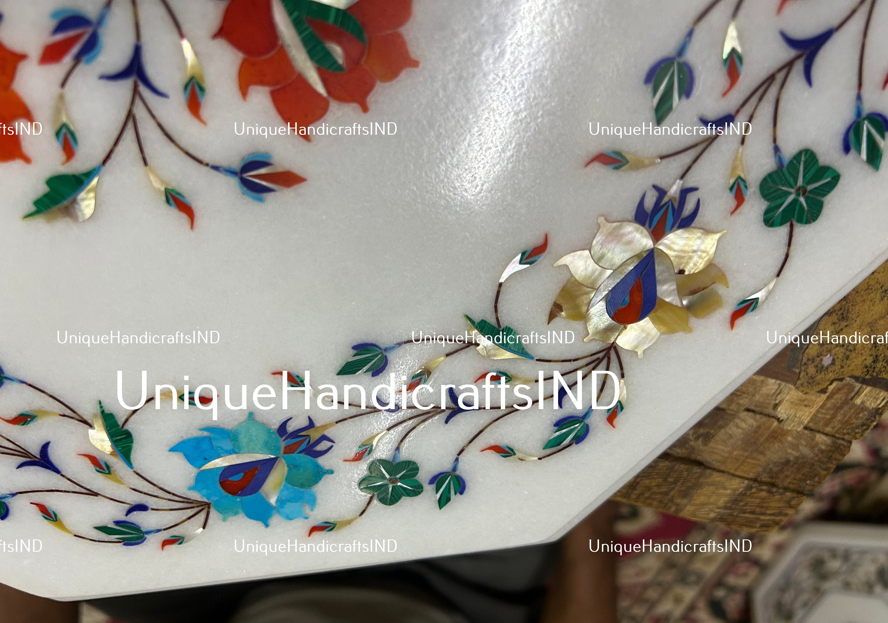 Marble Inlay Coffee End Table Top, Handmade Semiprecious Stone Inlaid Side Table, Living Room Table Top Marble Furniture Best Gift Idea Unique Handicrafts IND