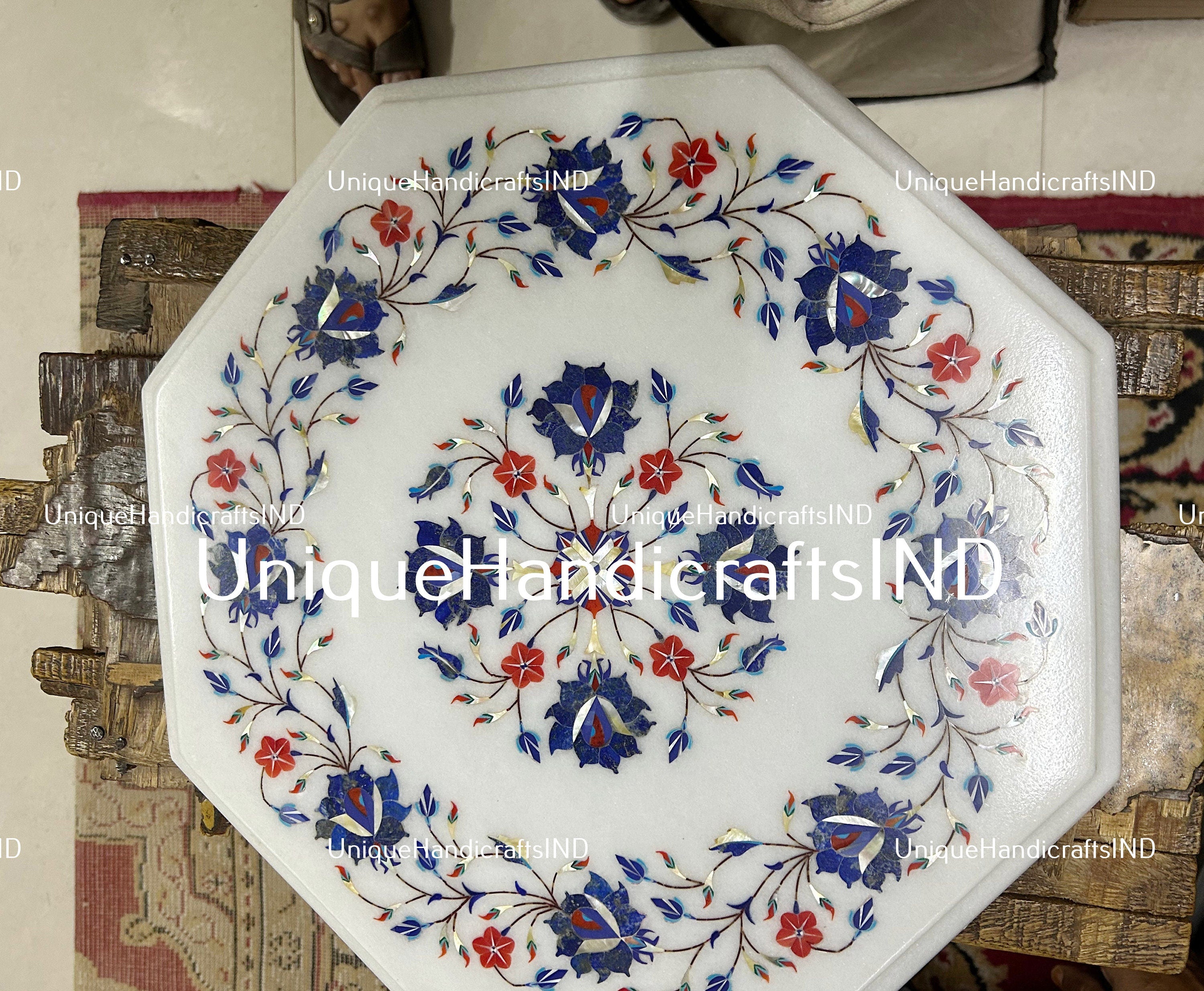 Marble End Table & Coffee Table, Flower Design Marble Table Top, Small Marble Table Top for Balcony, Marble Furniture Table for living room Unique Handicrafts IND