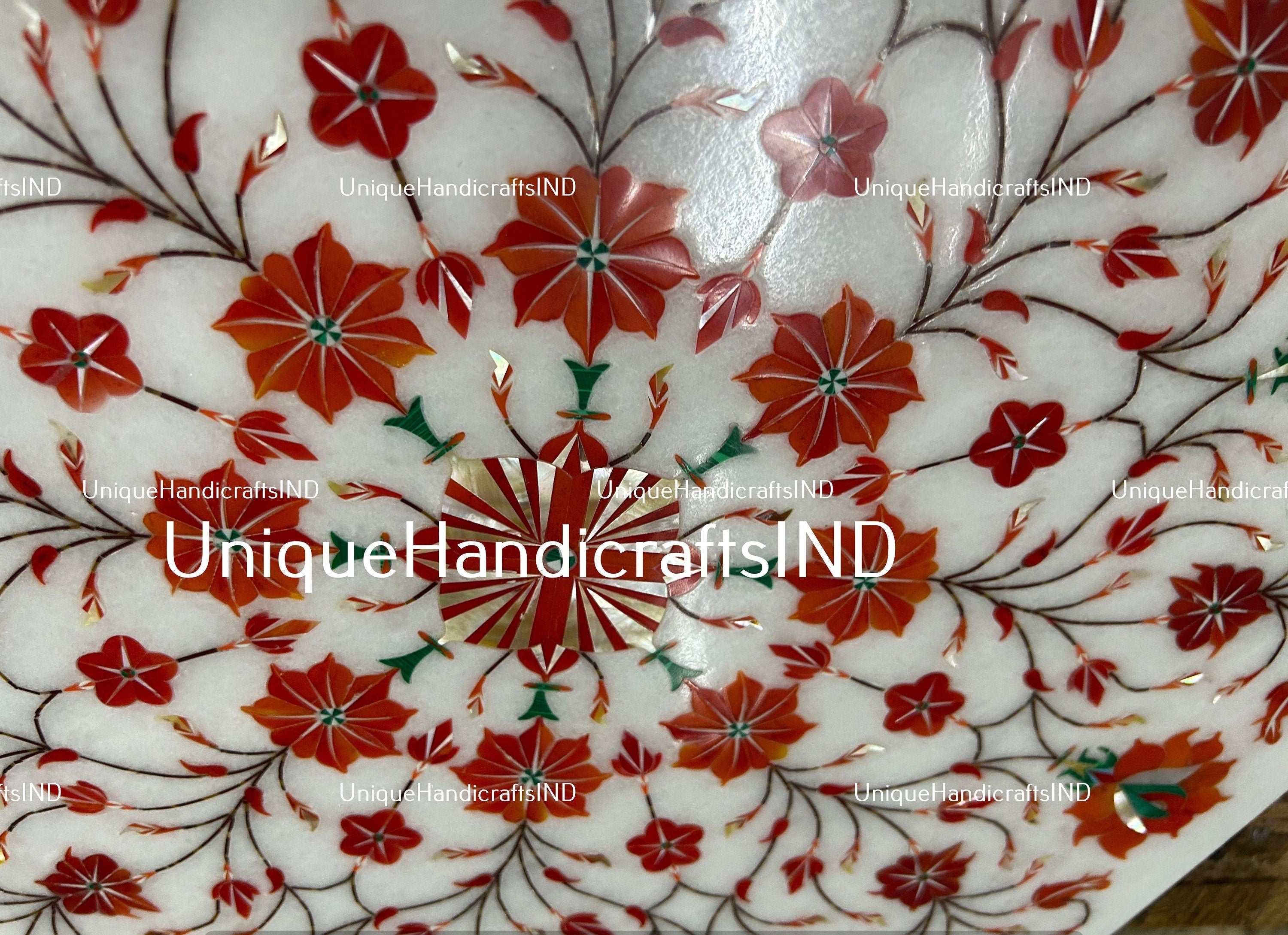 Exquisite Handcrafted Marble Inlay Coffee Tabletop - Unique Design Carnelian Marquetry Floral Arts Fathers day Best Gifts Idea Unique Handicrafts IND