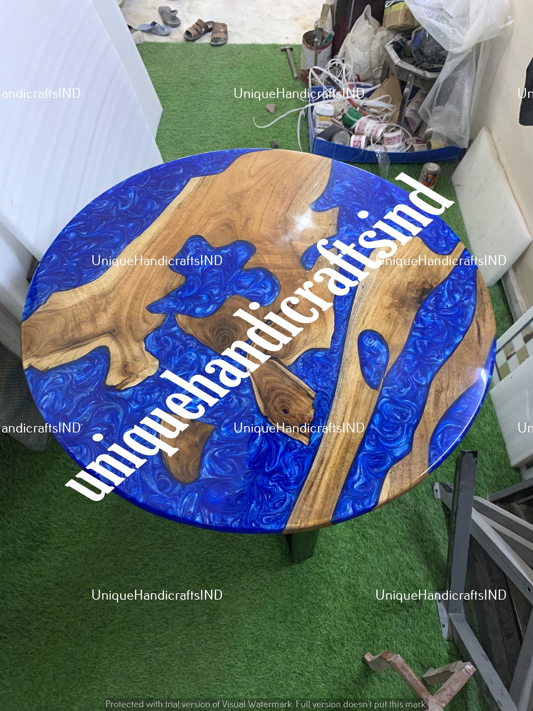 Blue Resin End Table ,Epoxy Acacia river table , Small decorative night table ,Ocean and sea theme trunk décor ,industrial sofa Table Unique Handicrafts IND