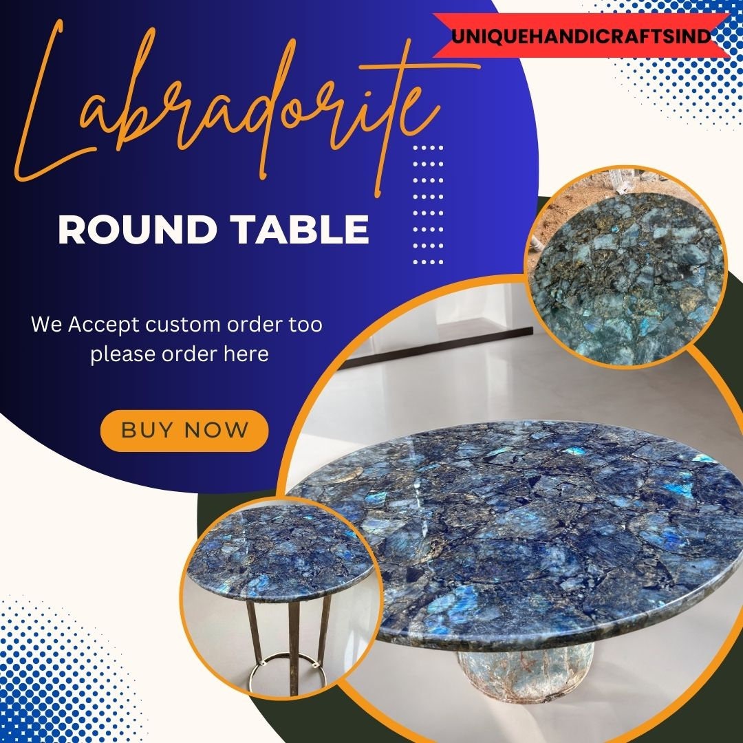 Round Labradorite Table Top | Handmade Coffee, Side & Sofa Table | Gemstone Dining Table for Living Room, Office, or Dining Area Unique Handicrafts IND