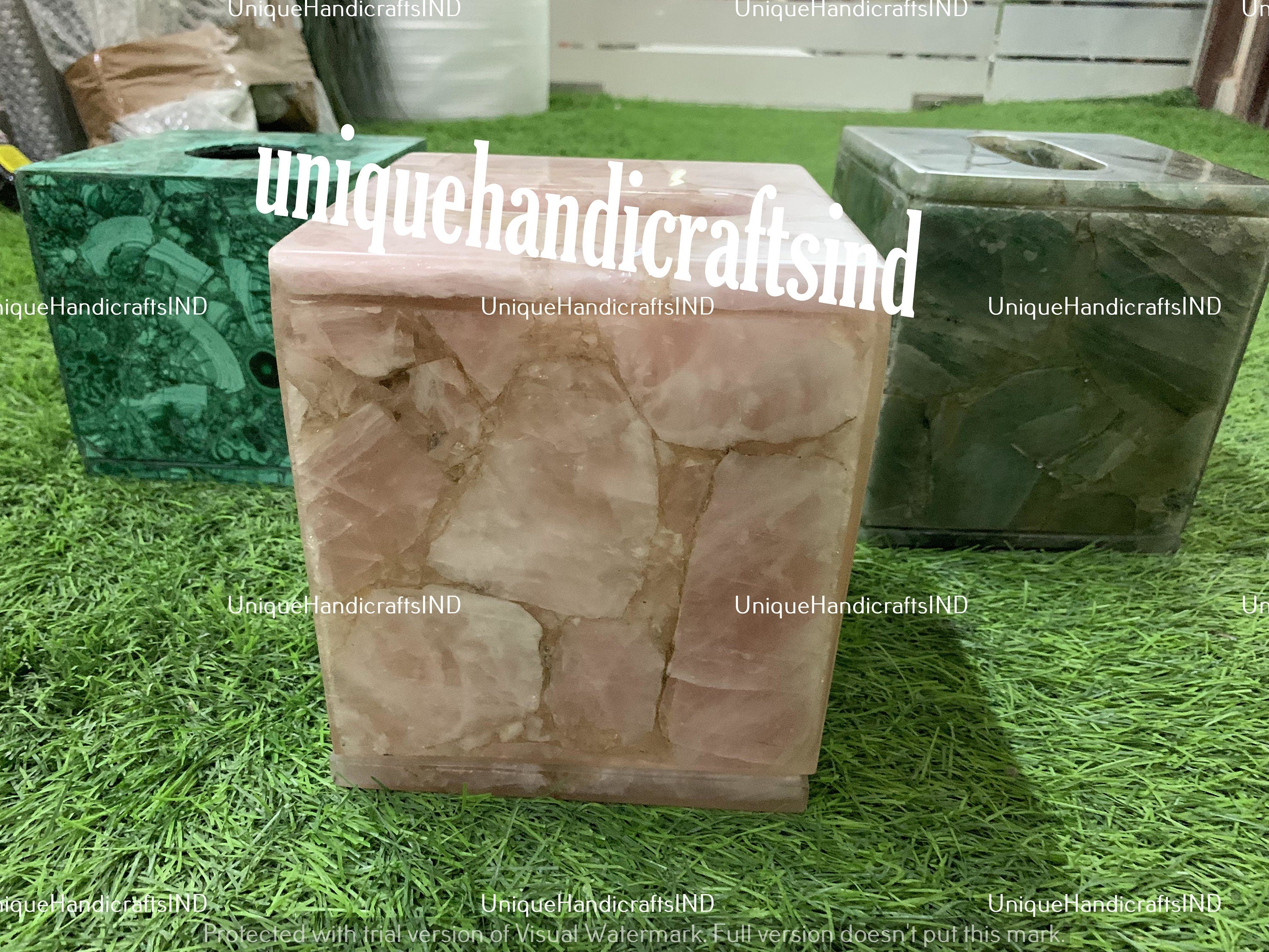 Rose Quartz Tissue Box, Natural Stone Bathroom Accessories, Office Desk Decor Essentials, Agate Tissue Box Case for Hotel & Restaurant Unique Handicrafts IND