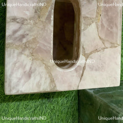 Rose Quartz Tissue Box, Natural Stone Bathroom Accessories, Office Desk Decor Essentials, Agate Tissue Box Case for Hotel & Restaurant Unique Handicrafts IND