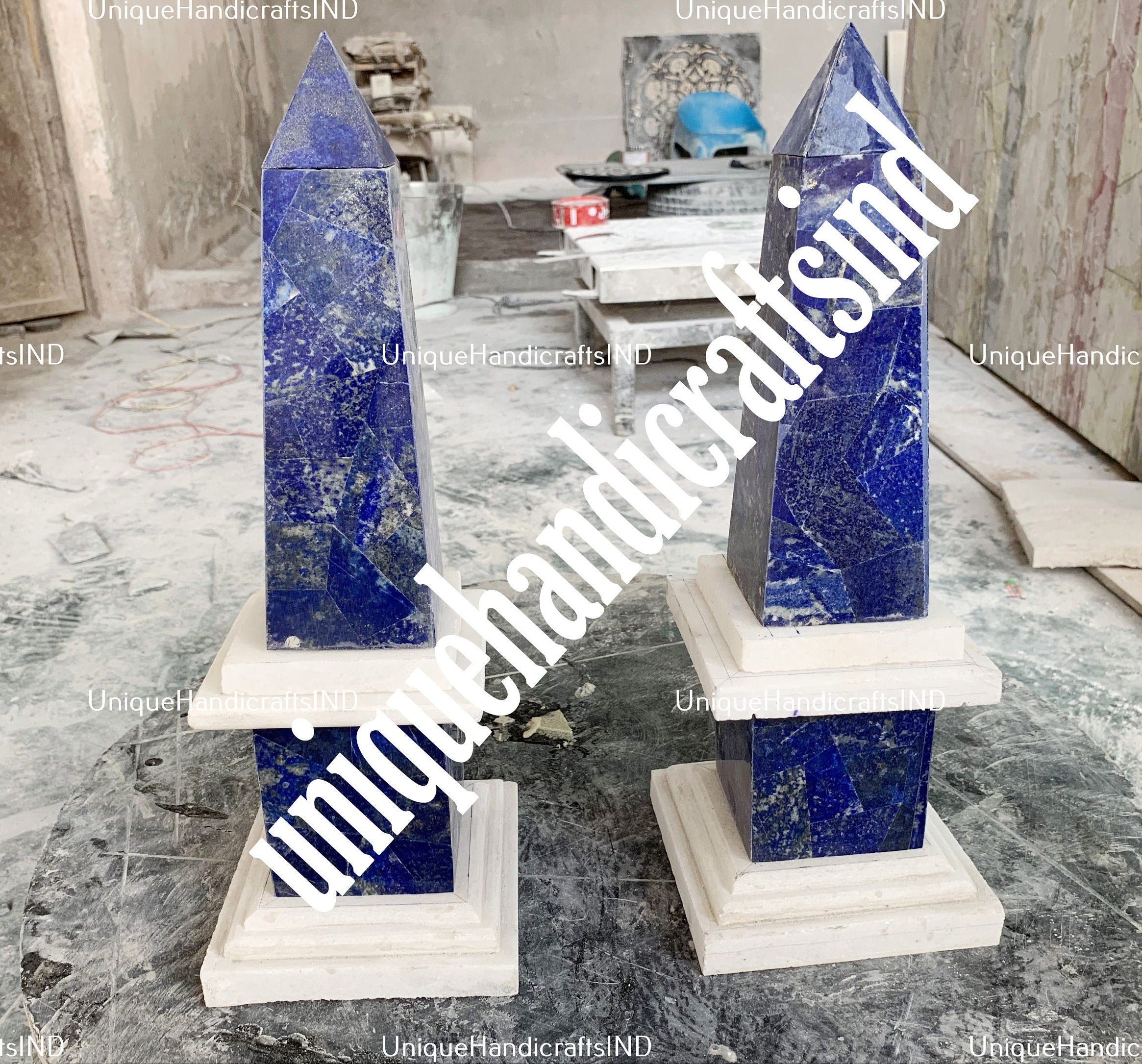 Monumental Pair of Obelisks Inlay Lapis lazuli & Marble Stones Semi Precious Stone Handmade Home Decor Obelisks Unique Handicrafts IND