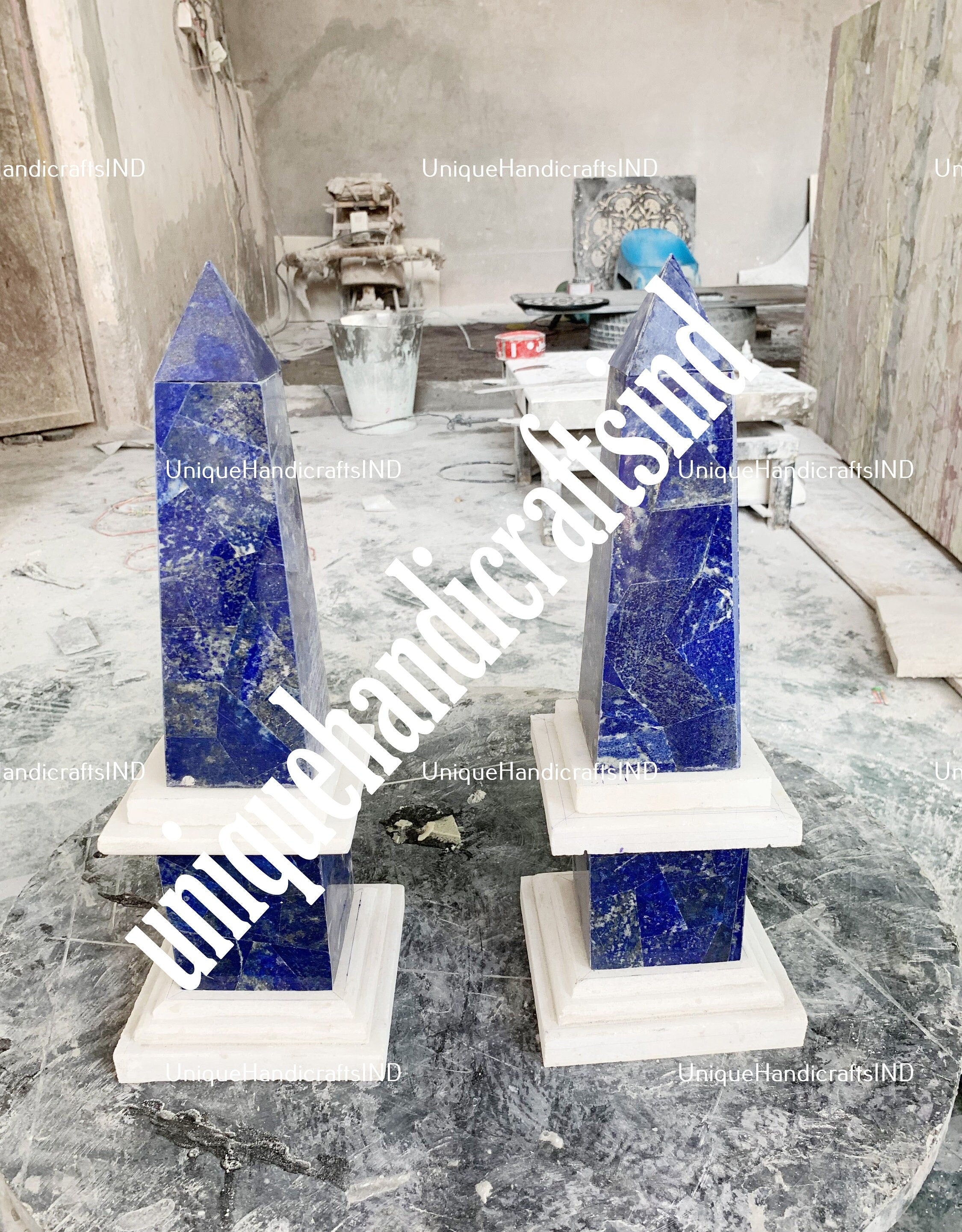 Monumental Pair of Obelisks Inlay Lapis lazuli & Marble Stones Semi Precious Stone Handmade Home Decor Obelisks Unique Handicrafts IND