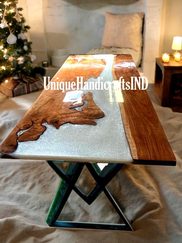 Live Edge Table, Epoxy Resin Table, Wooden Table, Custom Walnut Gray Swirl Table, Epoxy Table Mid Century Modern Furniture Unique Handicrafts IND